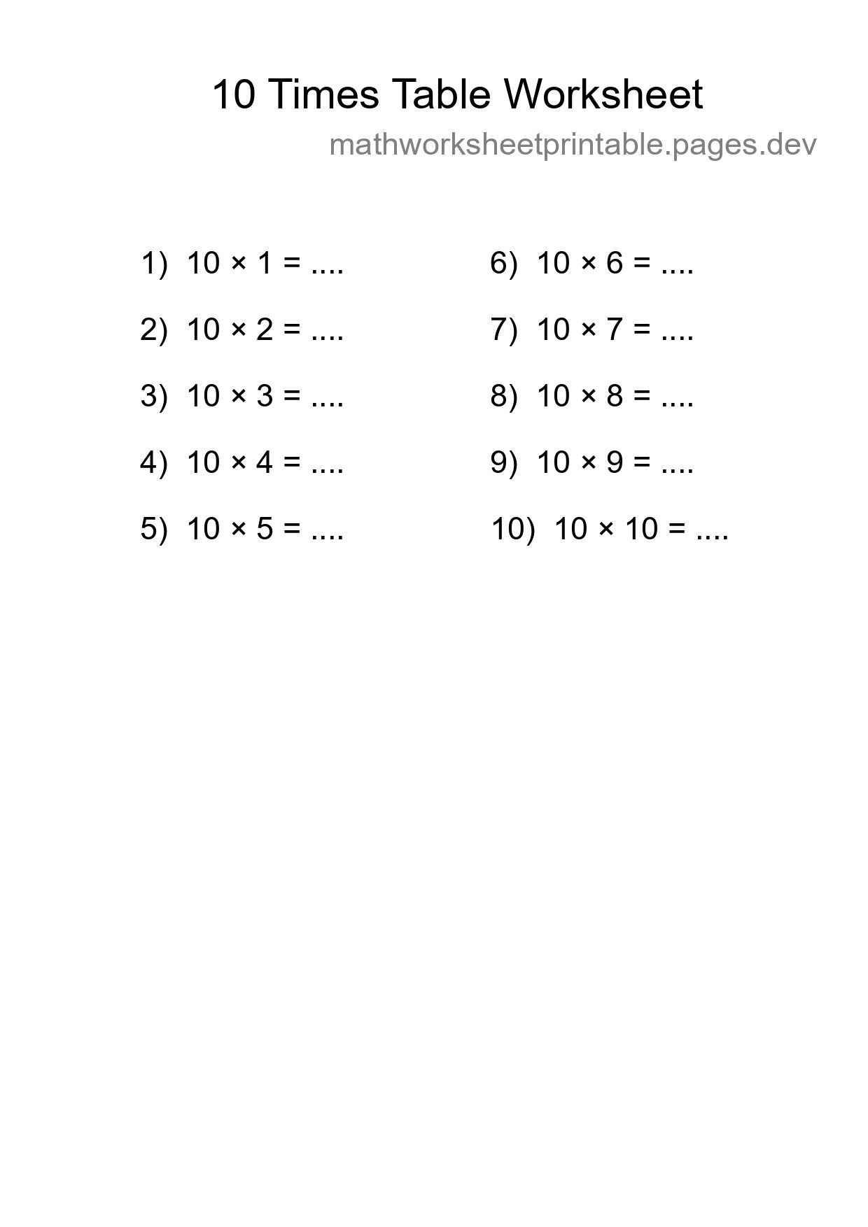10 Times Table Worksheet For Grade 3 With Answers - Part 69