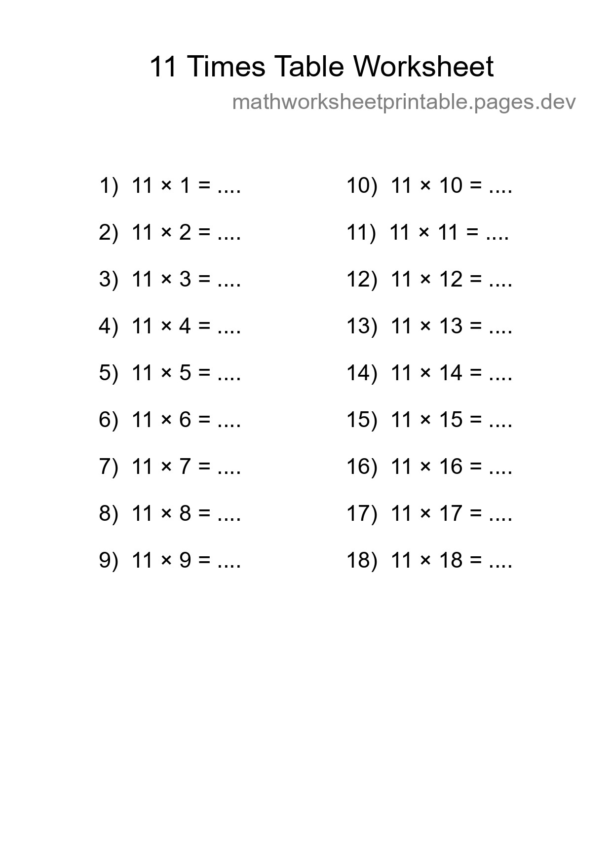 11 Times Table Worksheet For Grade 4 - Part 49