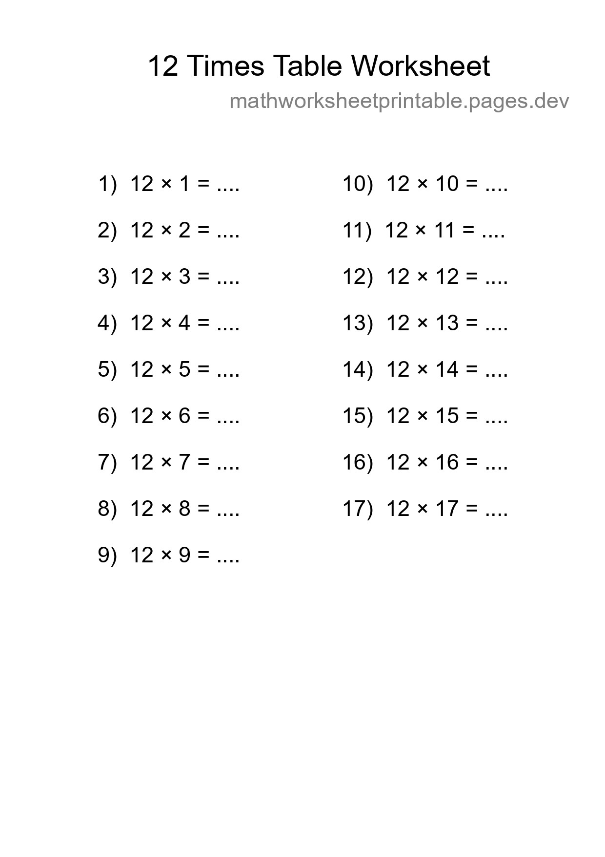 12 Times Table Worksheet For Grade 4 - Part 119