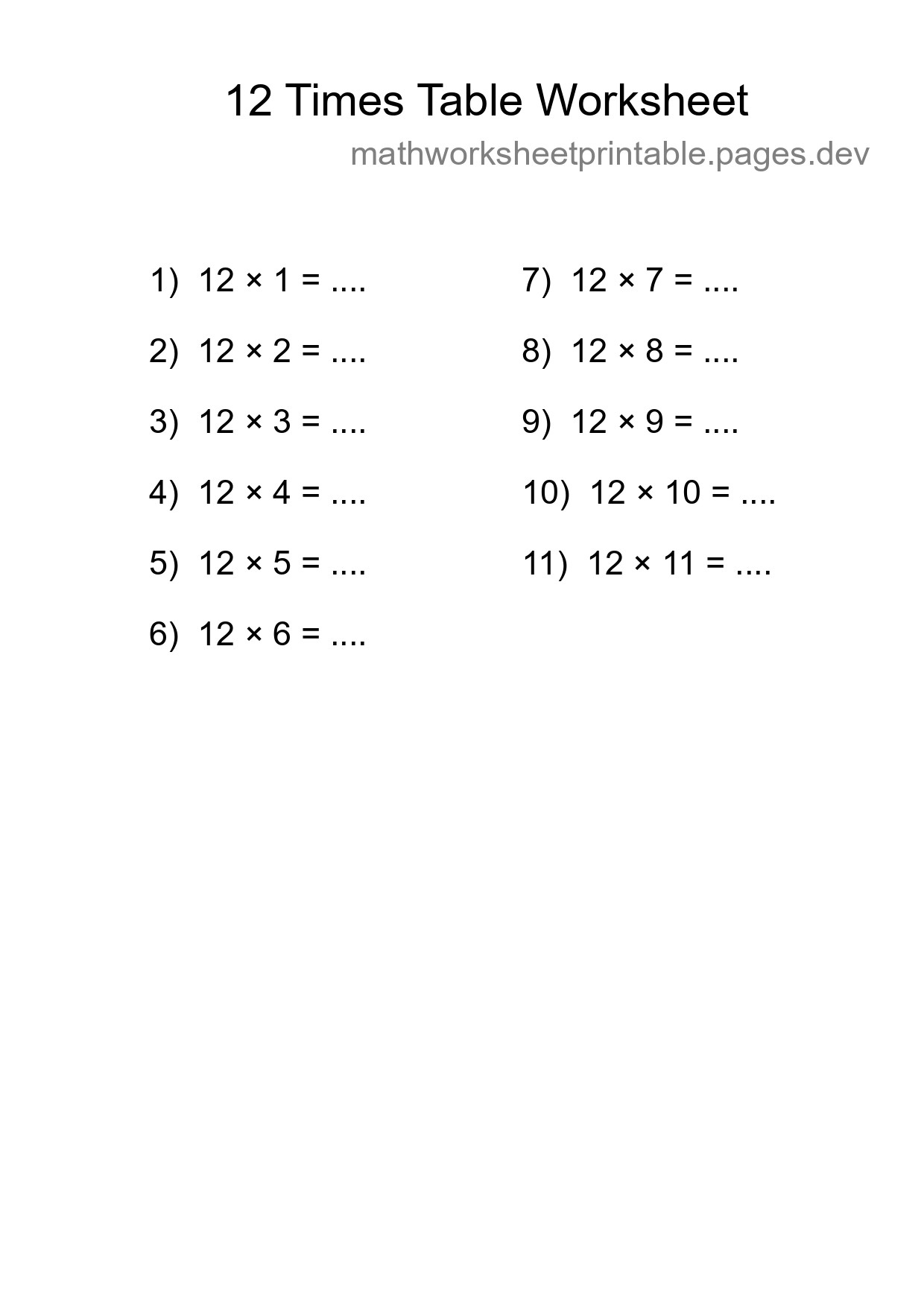 12 Times Table Worksheet For Grade 4 With Answers - Part 129