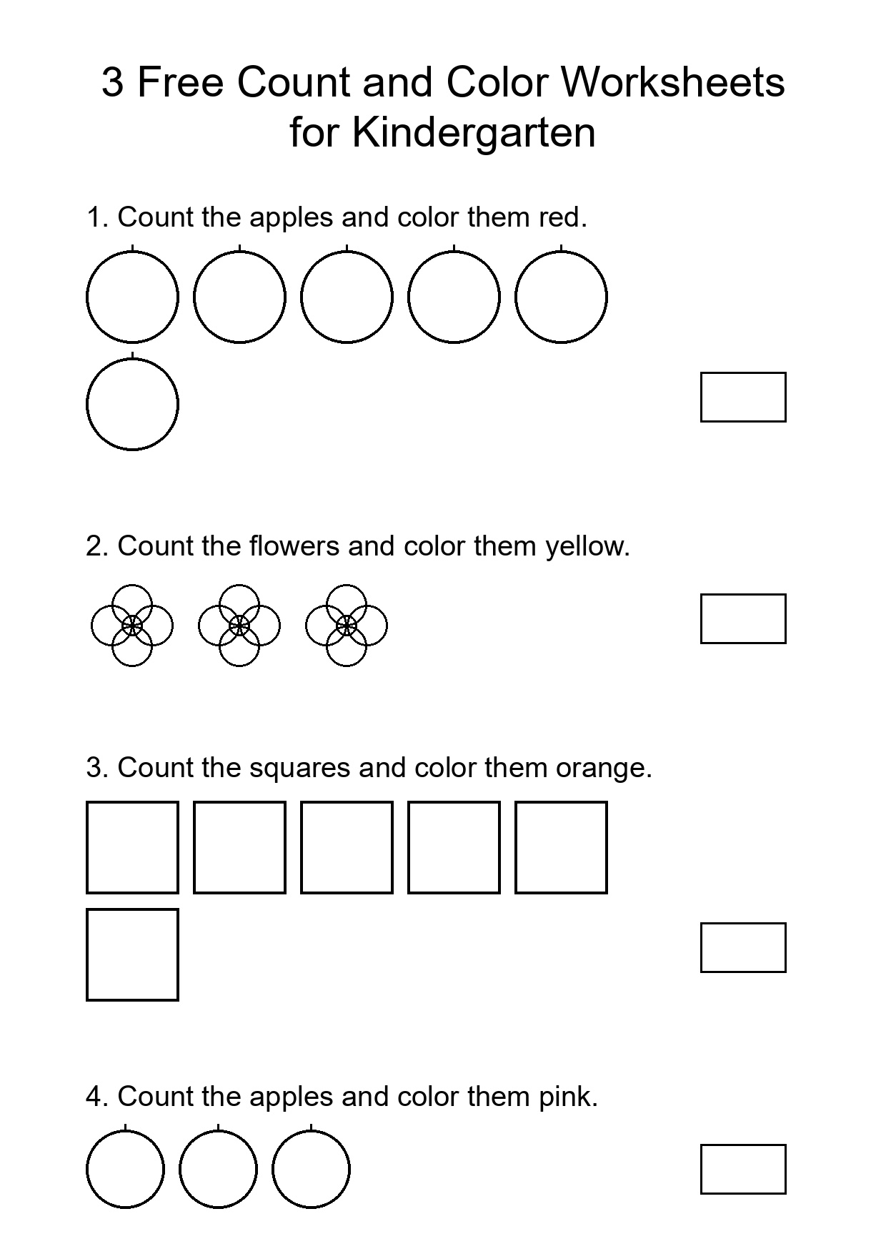 3 Free Count and Color Worksheets for Kindergarten