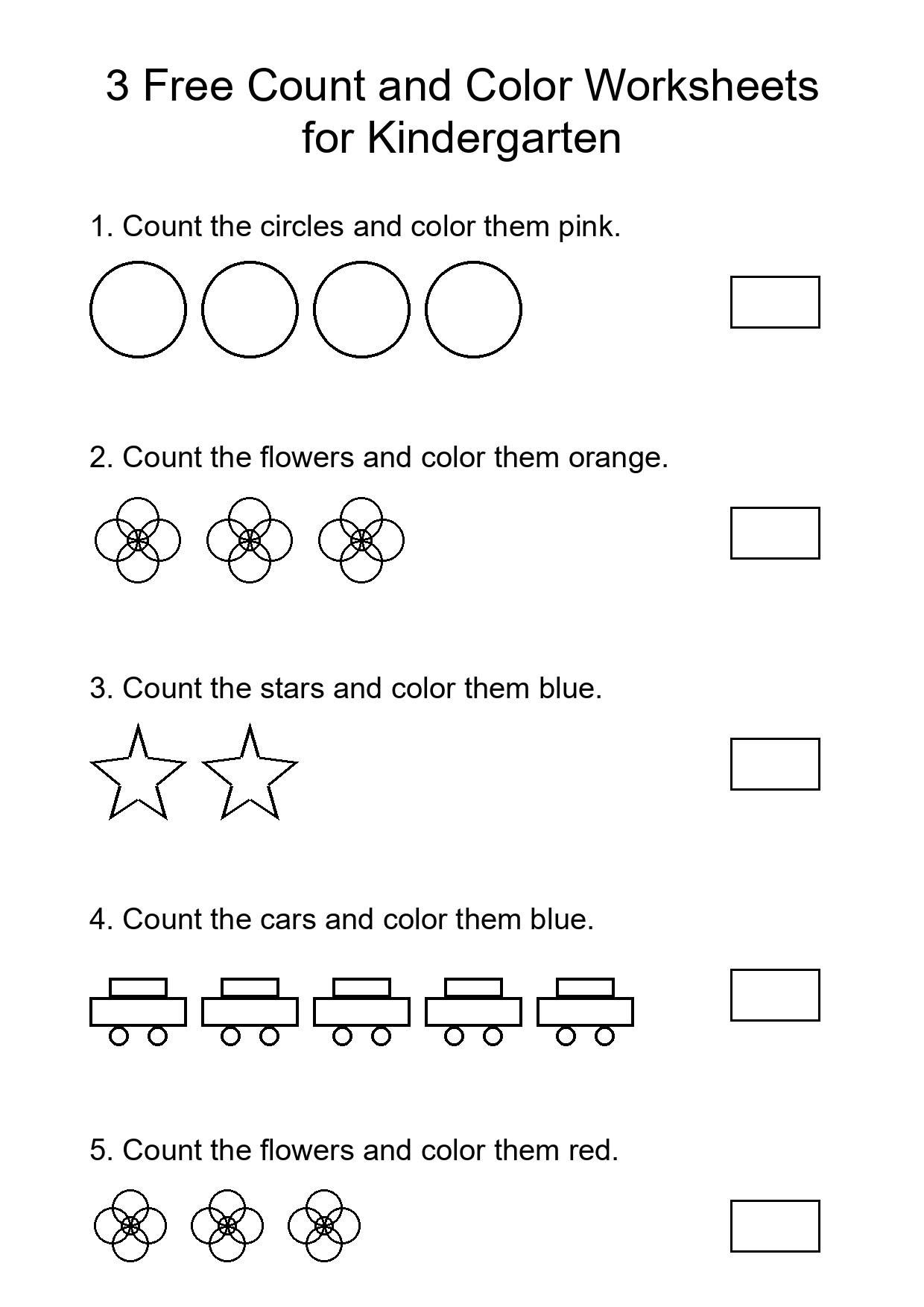 3 Free Count and Color Worksheets for Kindergarten