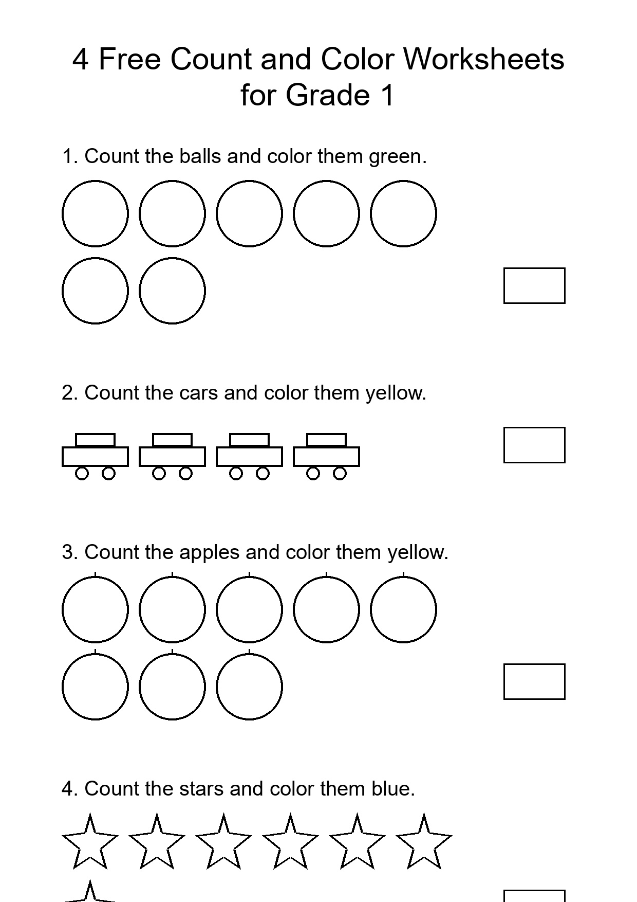 4 Free Count and Color Worksheets for Grade 1