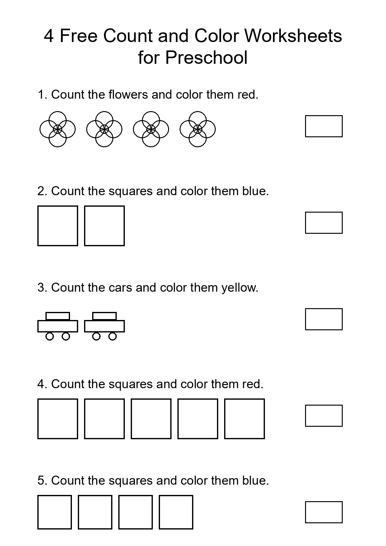 4 Free Count and Color Worksheets for Preschool