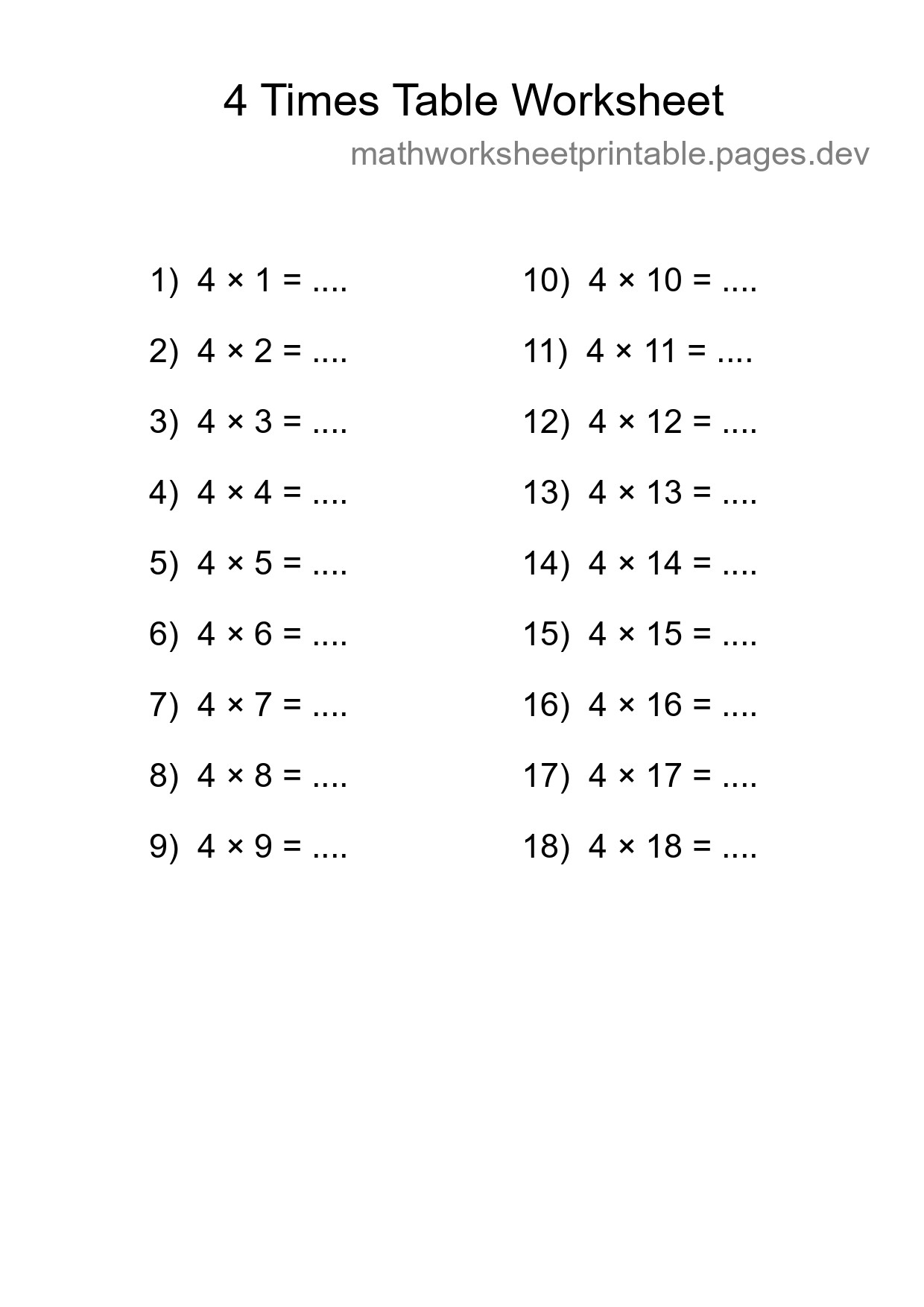 4 Times Table Worksheet For Grade 2 - Part 249
