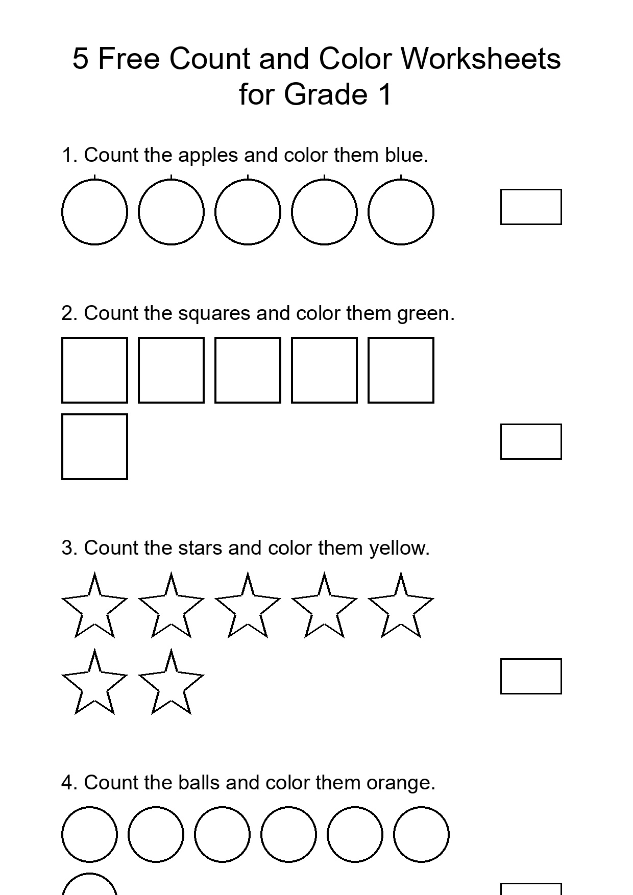 5 Free Count and Color Worksheets for Grade 1