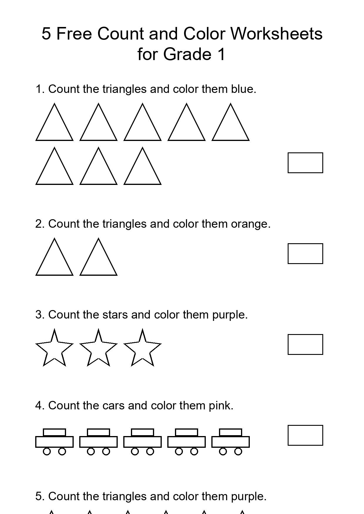 5 Free Count and Color Worksheets for Grade 1