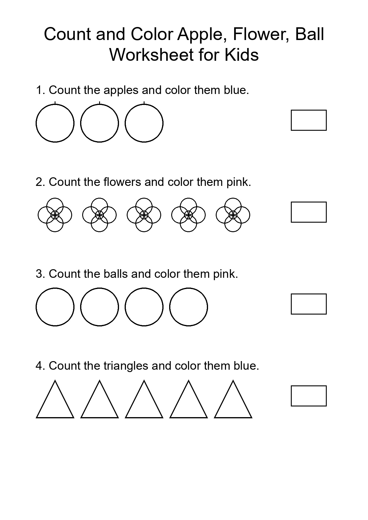 Count and Color Apple, Flower, Ball Worksheet for Kids