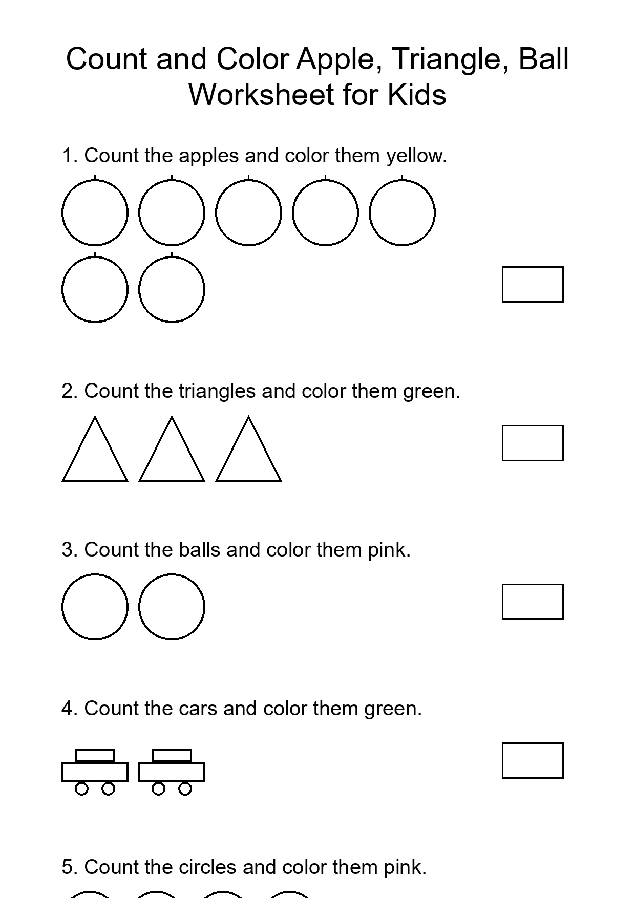 Count and Color Apple, Triangle, Ball Worksheet for Kids