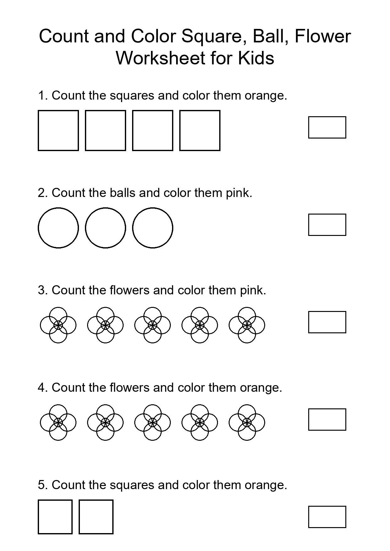 Count and Color Square, Ball, Flower Worksheet for Kids