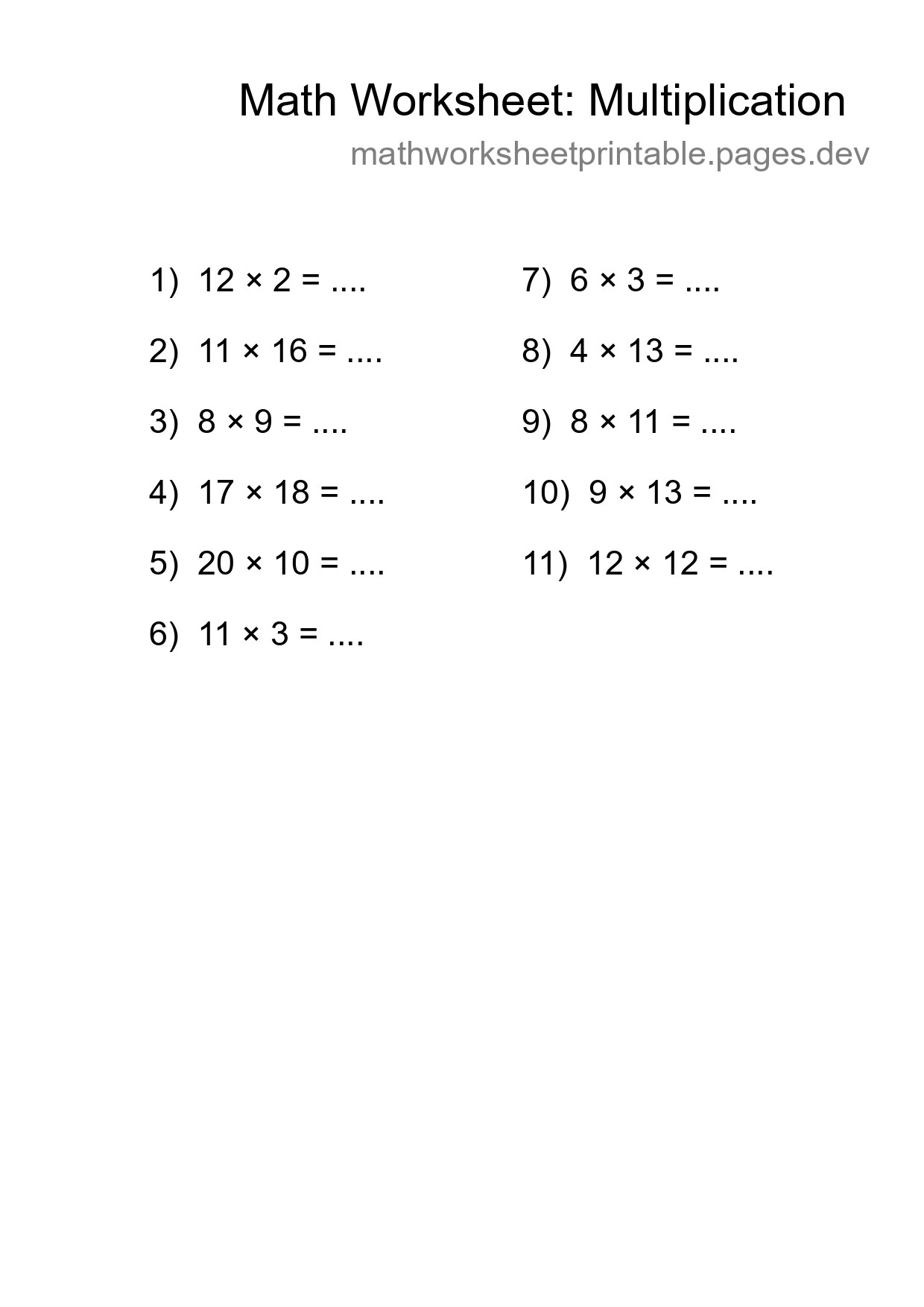 Free 11 Multiplication Math Worksheet For Grade 2 - Part 207