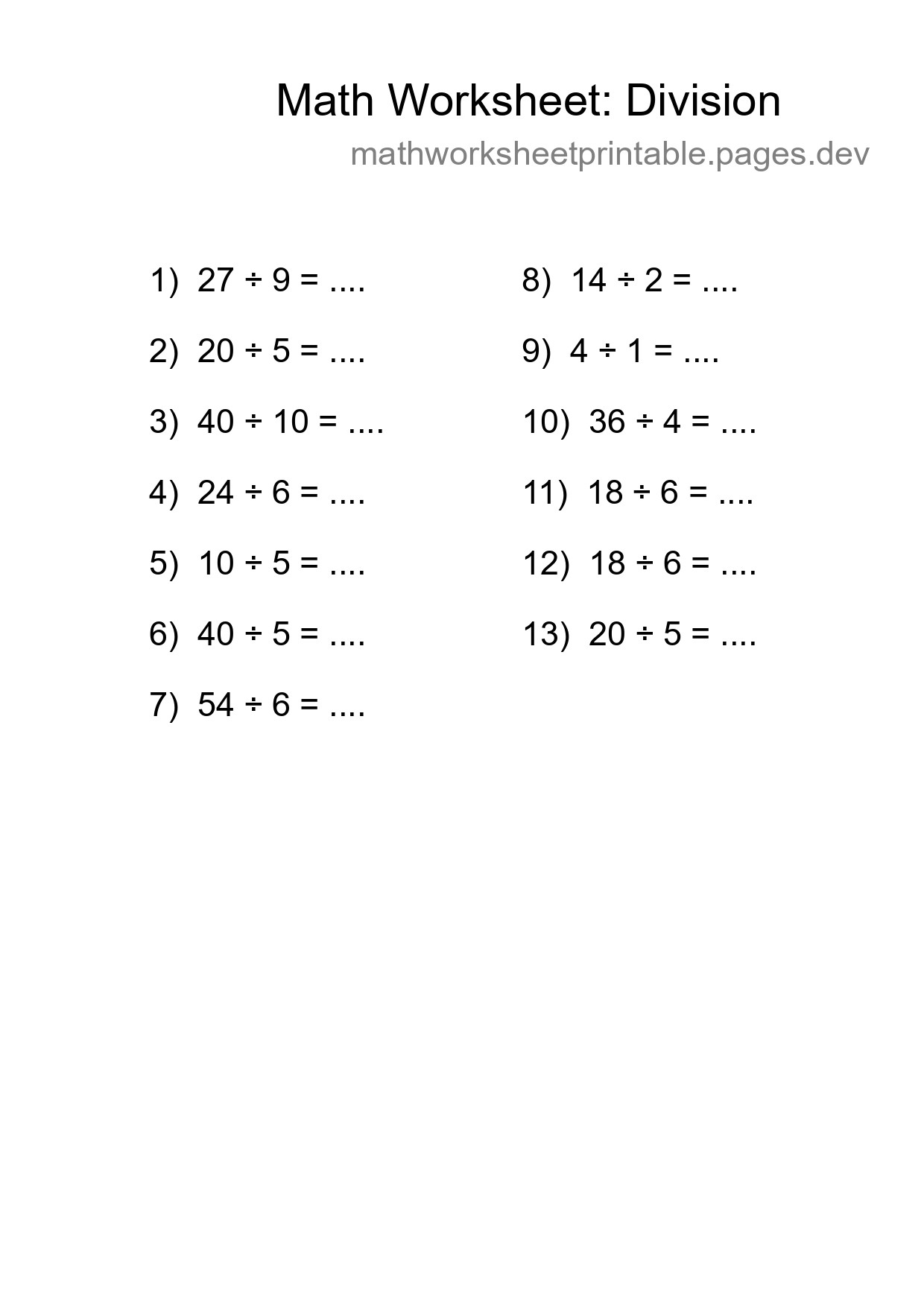 Free 13 Division Math Worksheet For Grade 1 With Answers - Part 134