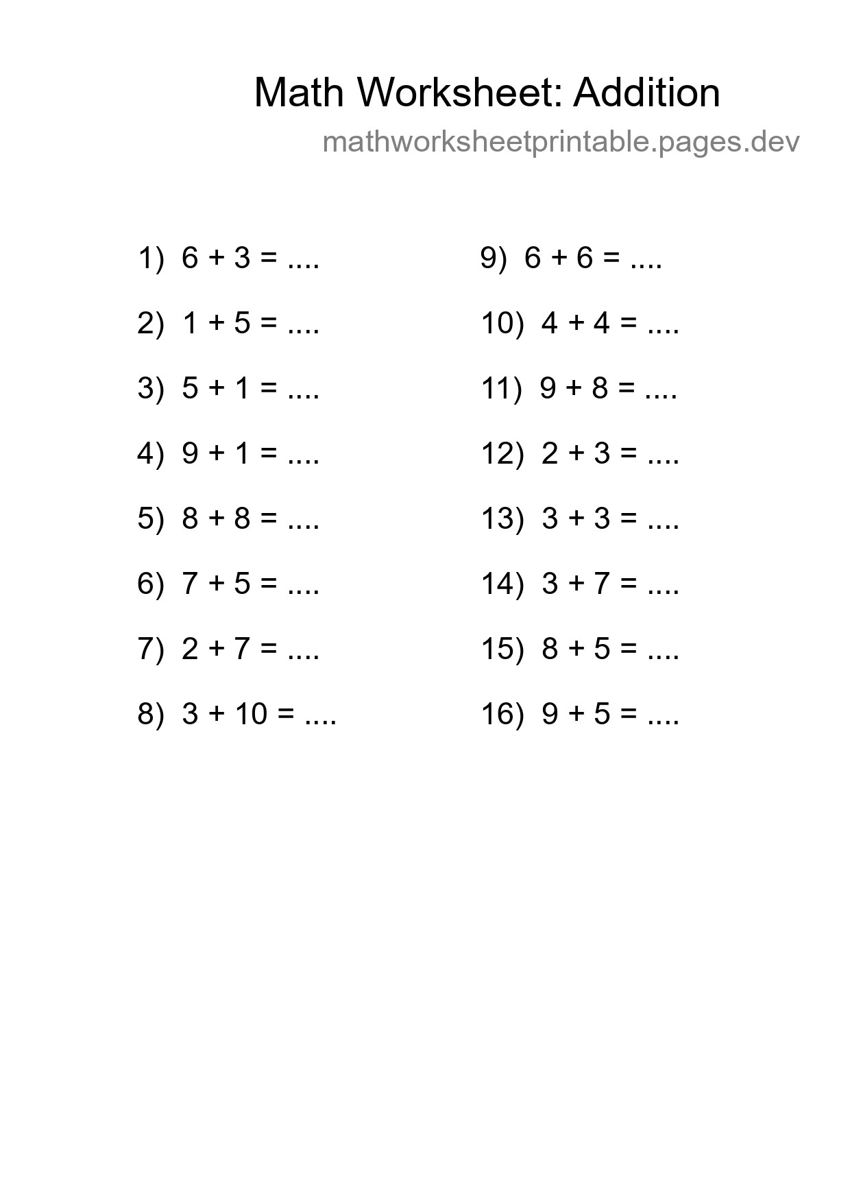 Free 16 Addition Math Worksheet For Grade 1 - Part 51