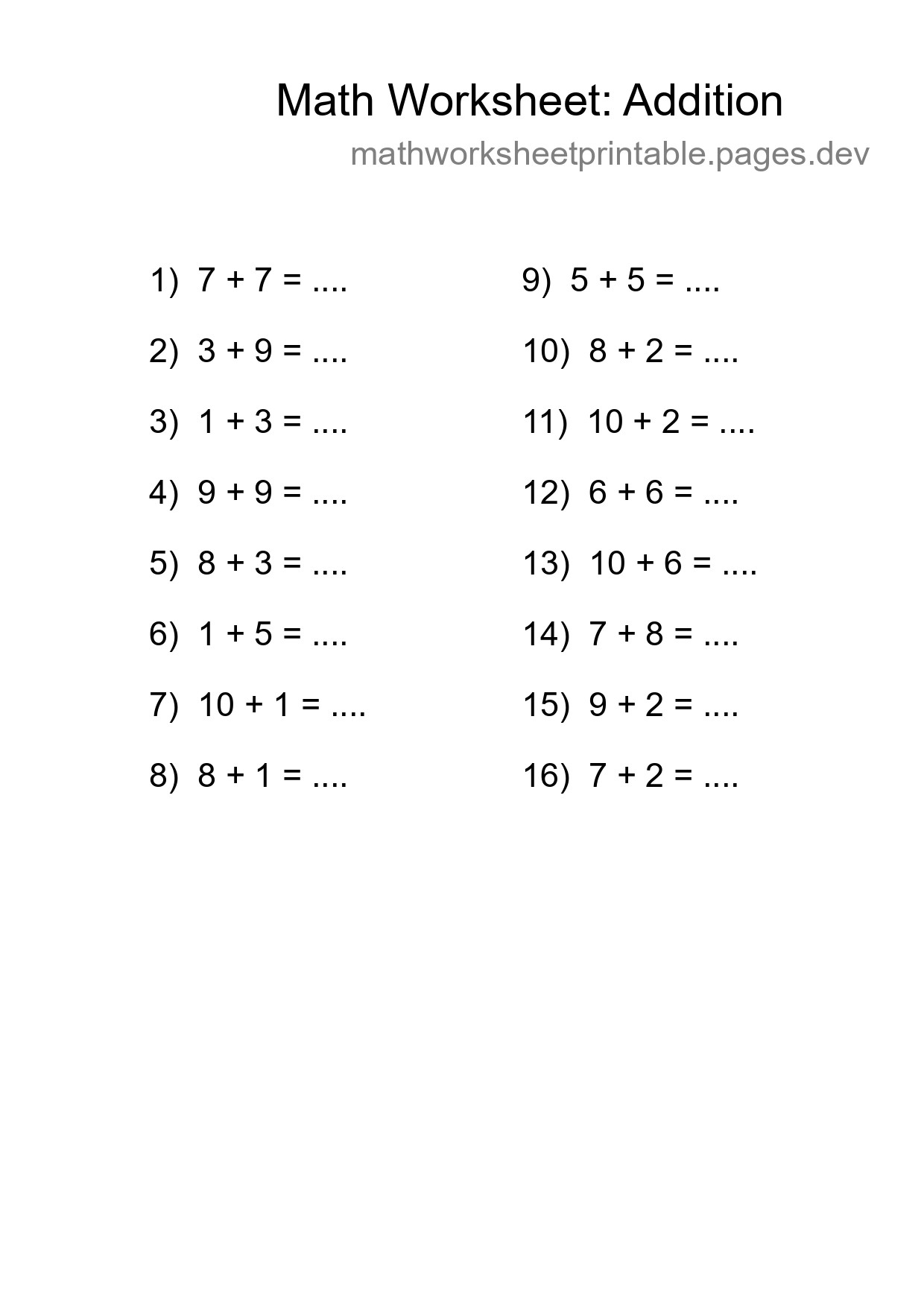 Free 16 Addition Math Worksheet For Grade 1 - Part 71