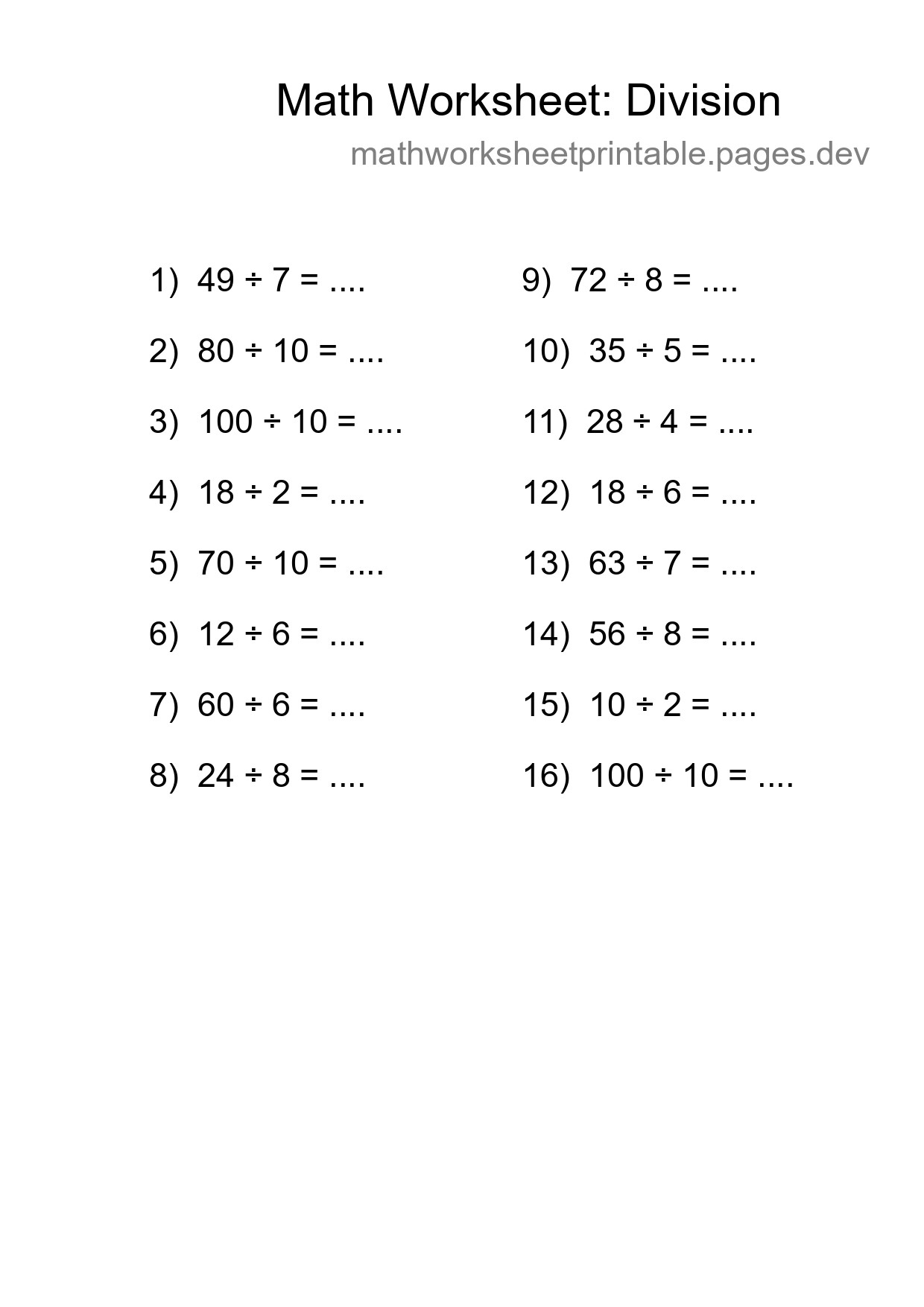 Free 16 Division Math Worksheet For Grade 1 With Answers - Part 264