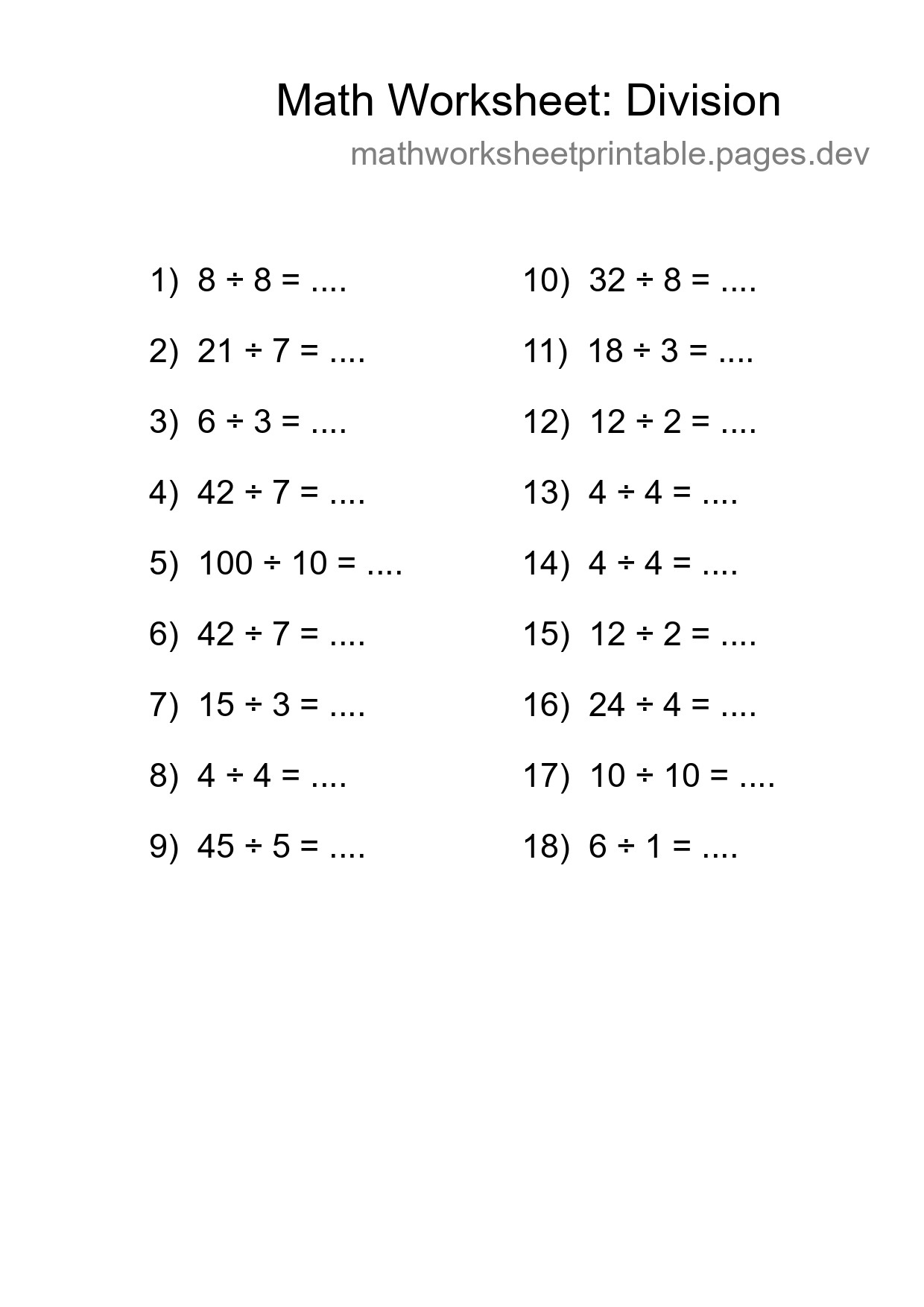 Free 18 Division Math Worksheet For Grade 1 With Answers - Part 104
