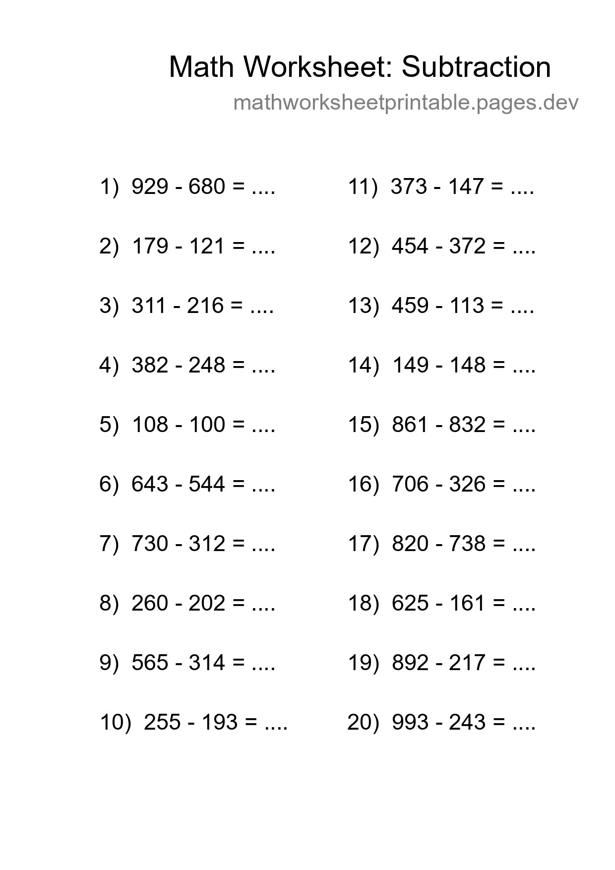 Free 20 Subtraction Math Worksheet For Grade 5 With Answers - Part 178