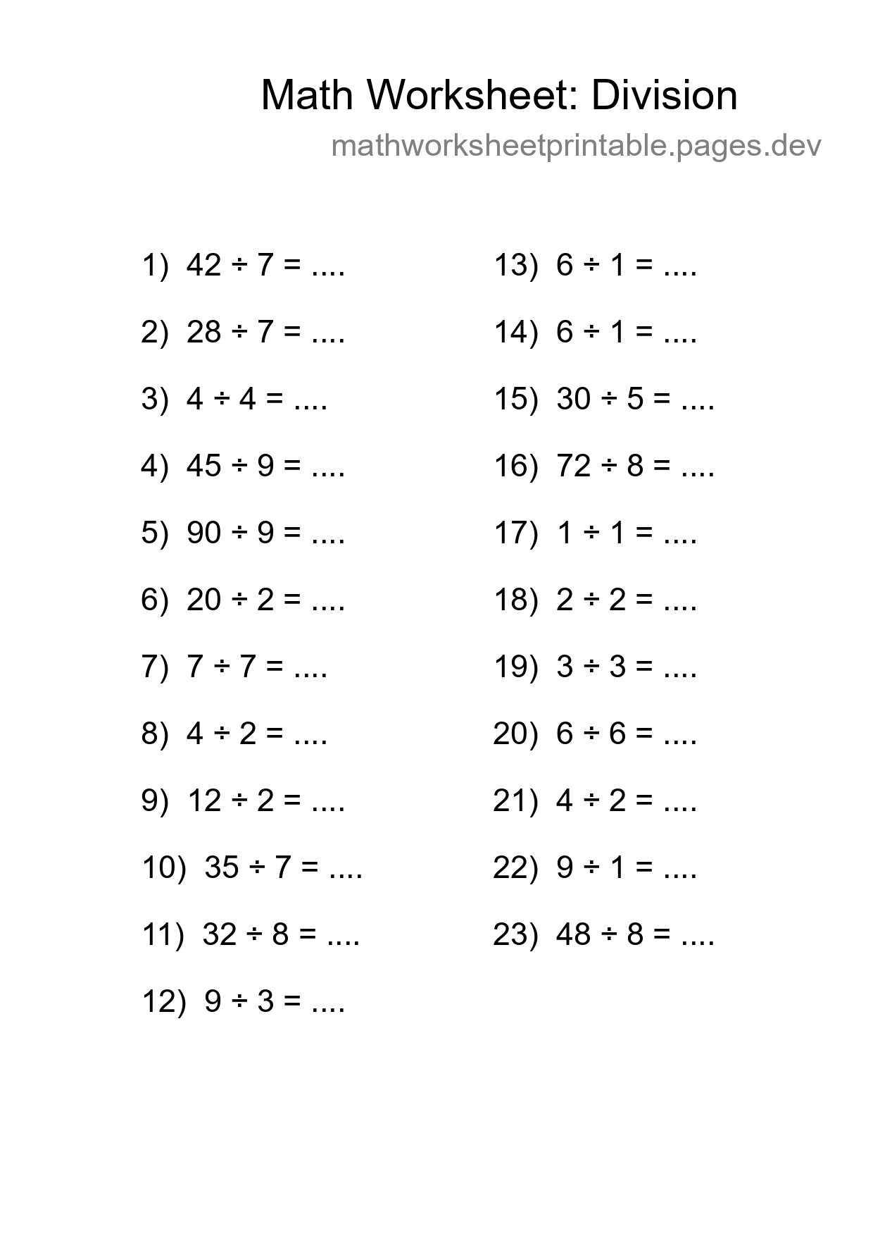 Free 23 Division Math Worksheet For Grade 1 With Answers - Part 244