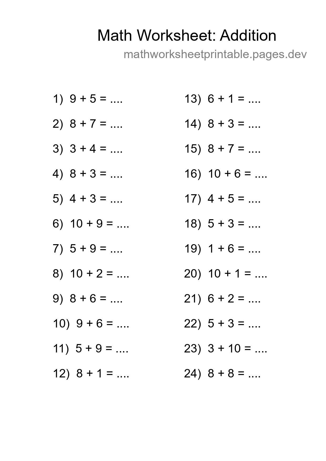 Free 24 Addition Math Worksheet For Grade 1 With Answers - Part 111
