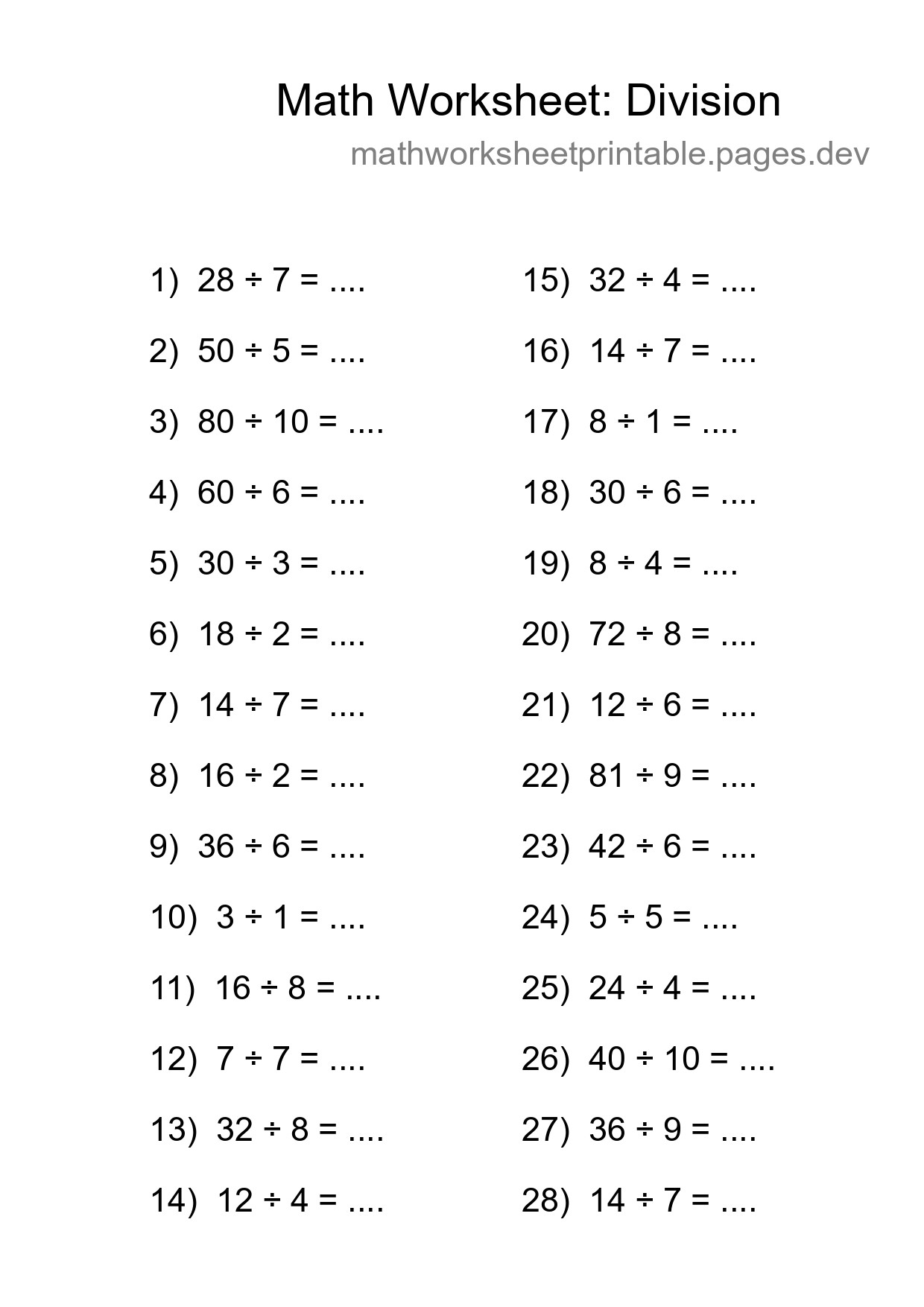 Free 28 Division Math Worksheet For Grade 1 With Answers - Part 74