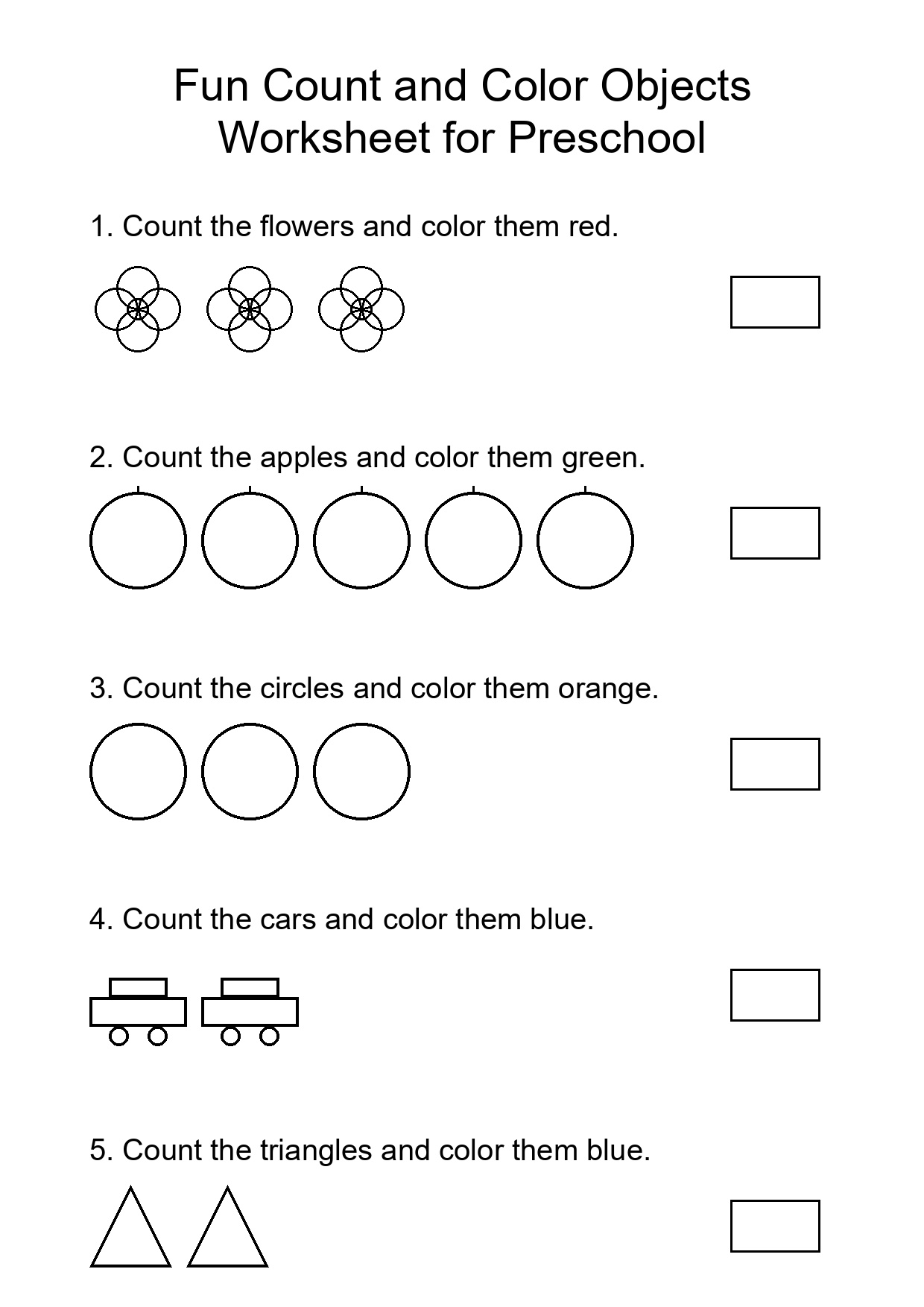 Fun Count and Color Objects Worksheet for Preschool