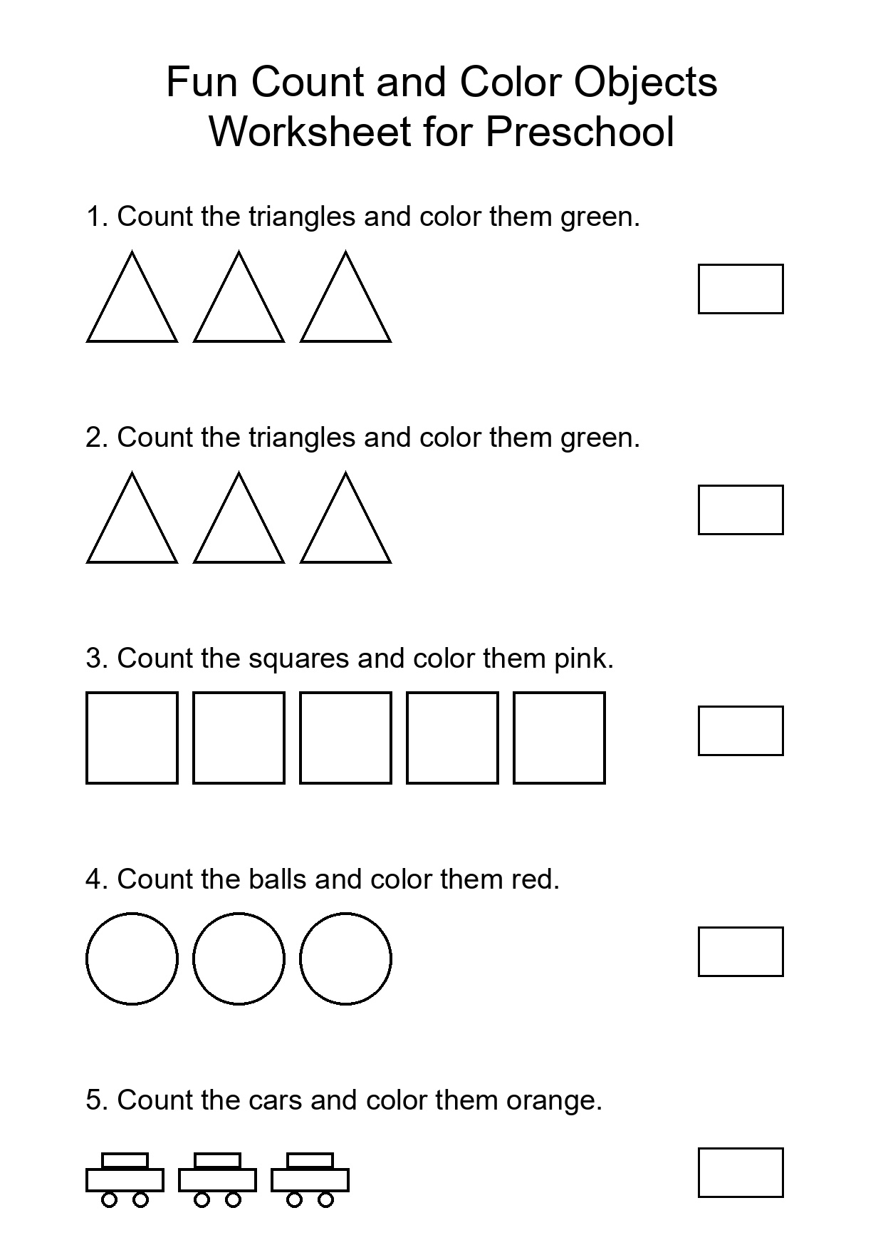 Fun Count and Color Objects Worksheet for Preschool