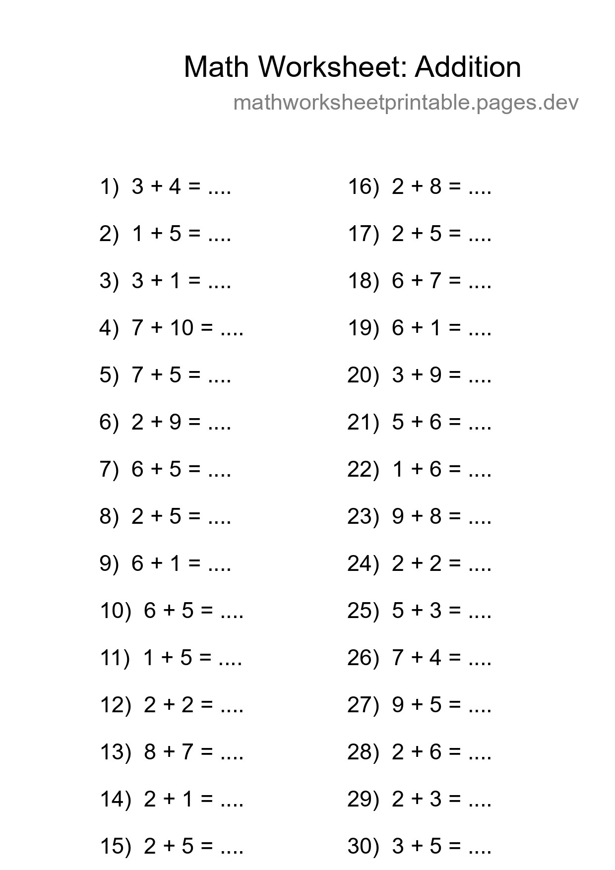 Grade 1 Addition Practice Worksheet (30 Problems) - Part 281