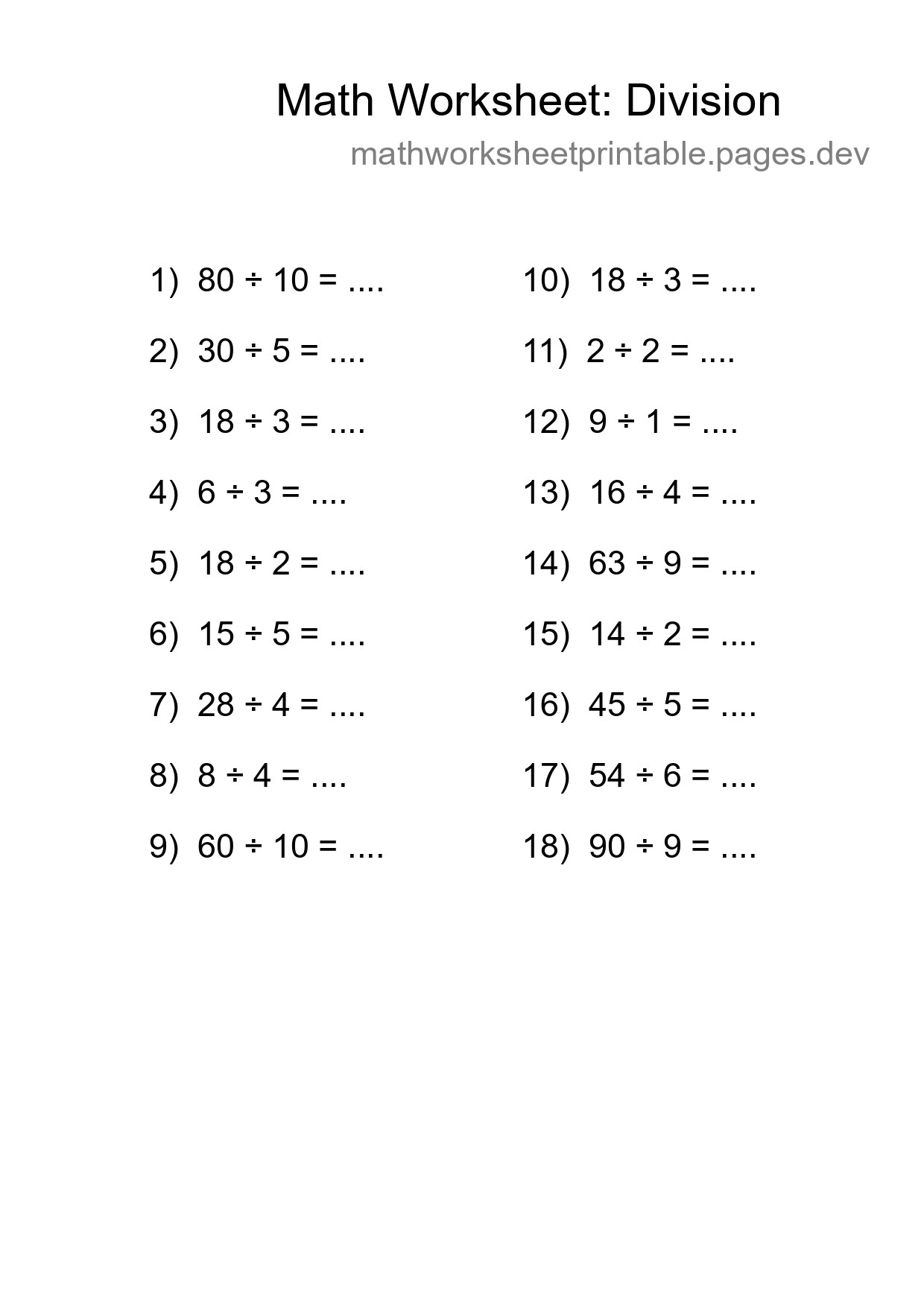 Grade 1 Division Practice Worksheet (18 Problems) - Part 194