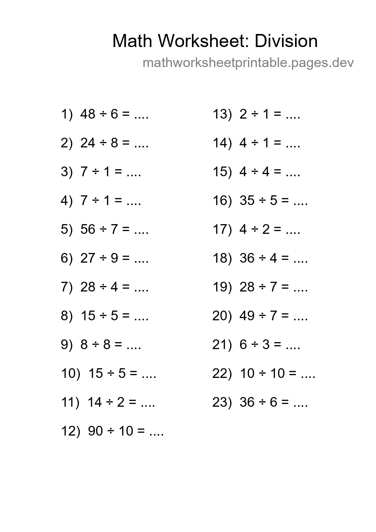 Grade 1 Division Practice Worksheet (23 Problems) - Part 144
