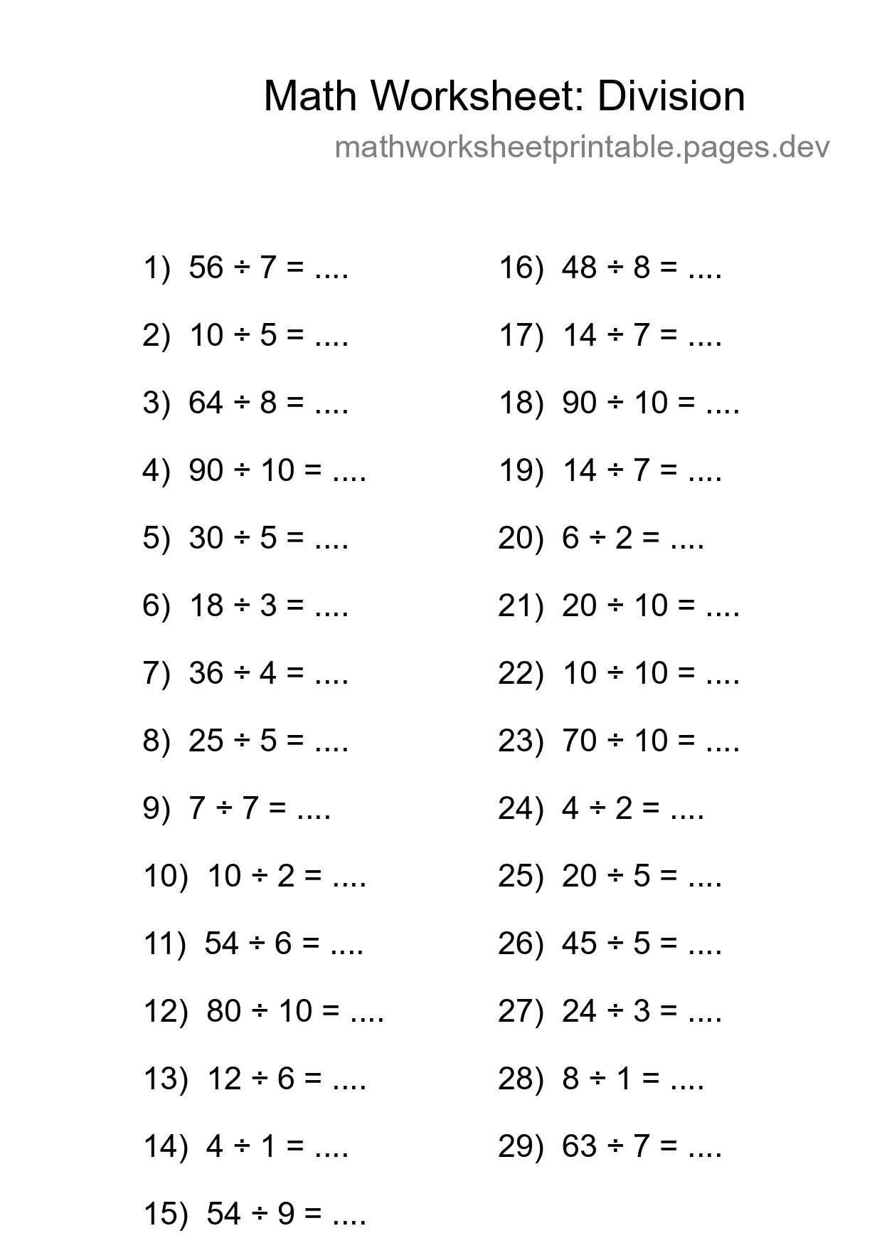 Grade 1 Division Practice Worksheet (29 Problems) - Part 214