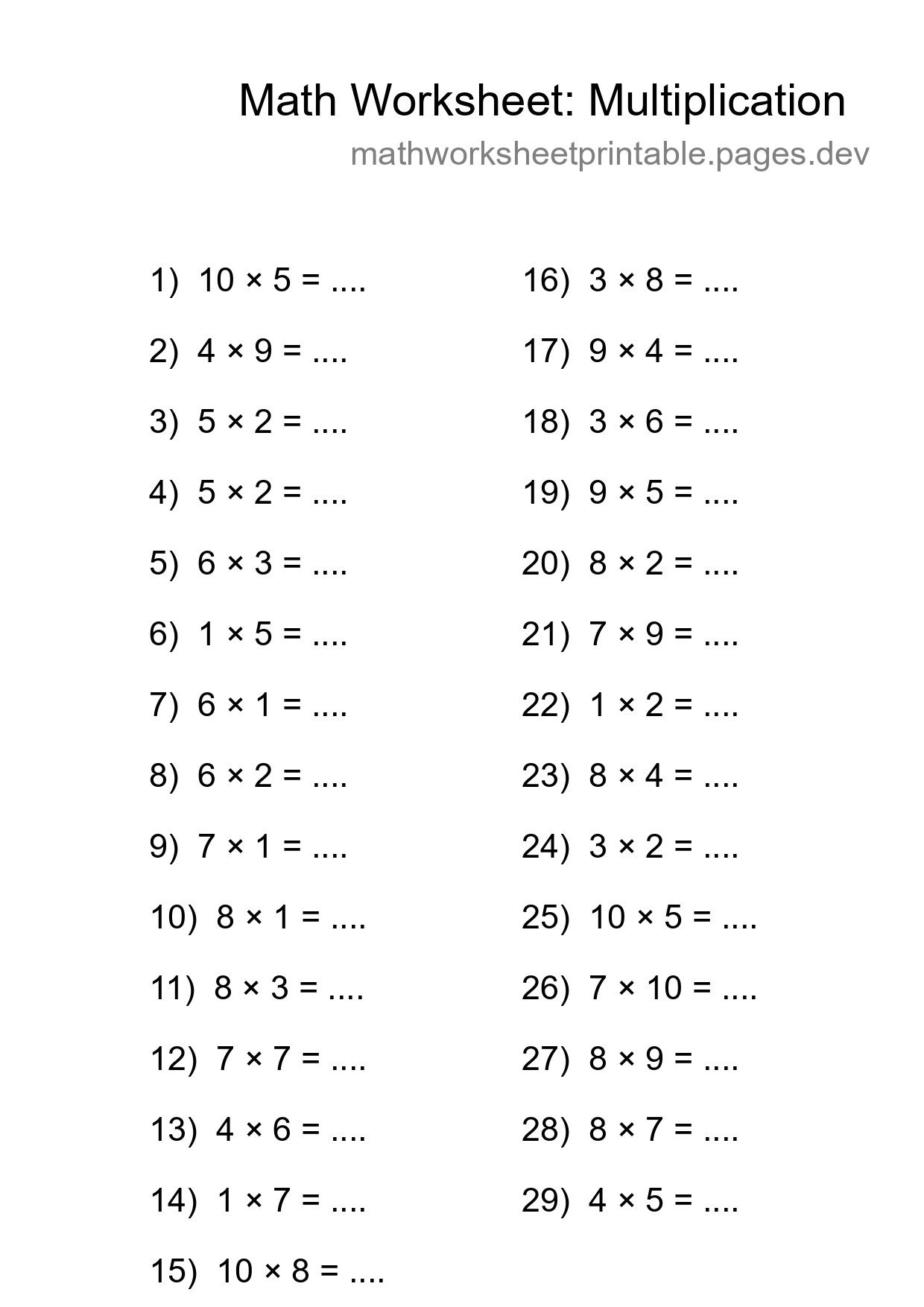 Grade 1 Multiplication Practice Worksheet (29 Problems) - Part 267