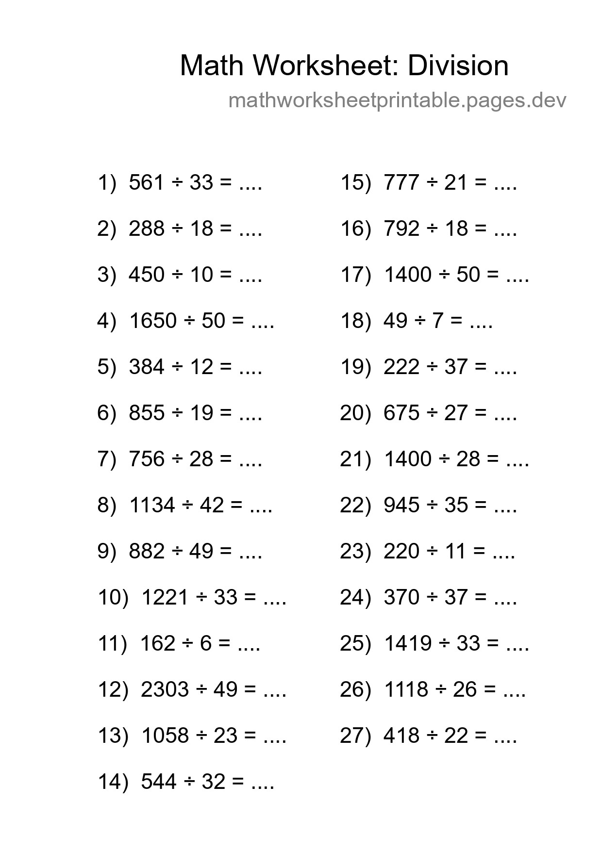 Grade 2 Division Practice Worksheet (27 Problems) - Part 234