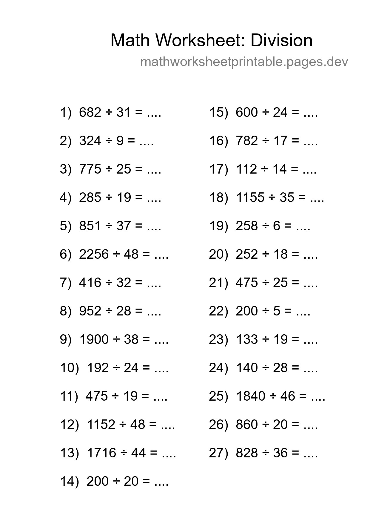 Grade 2 Division Practice Worksheet (27 Problems) - Part 4
