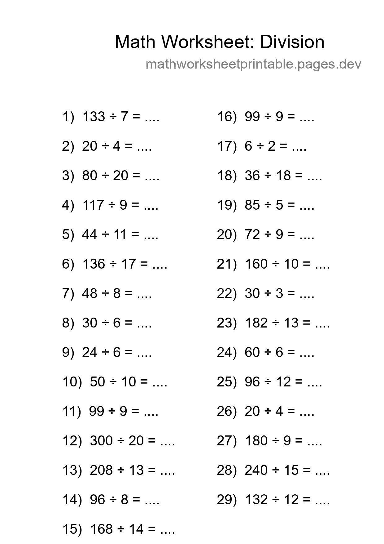 Grade 2 Division Practice Worksheet (29 Problems) - Part 294