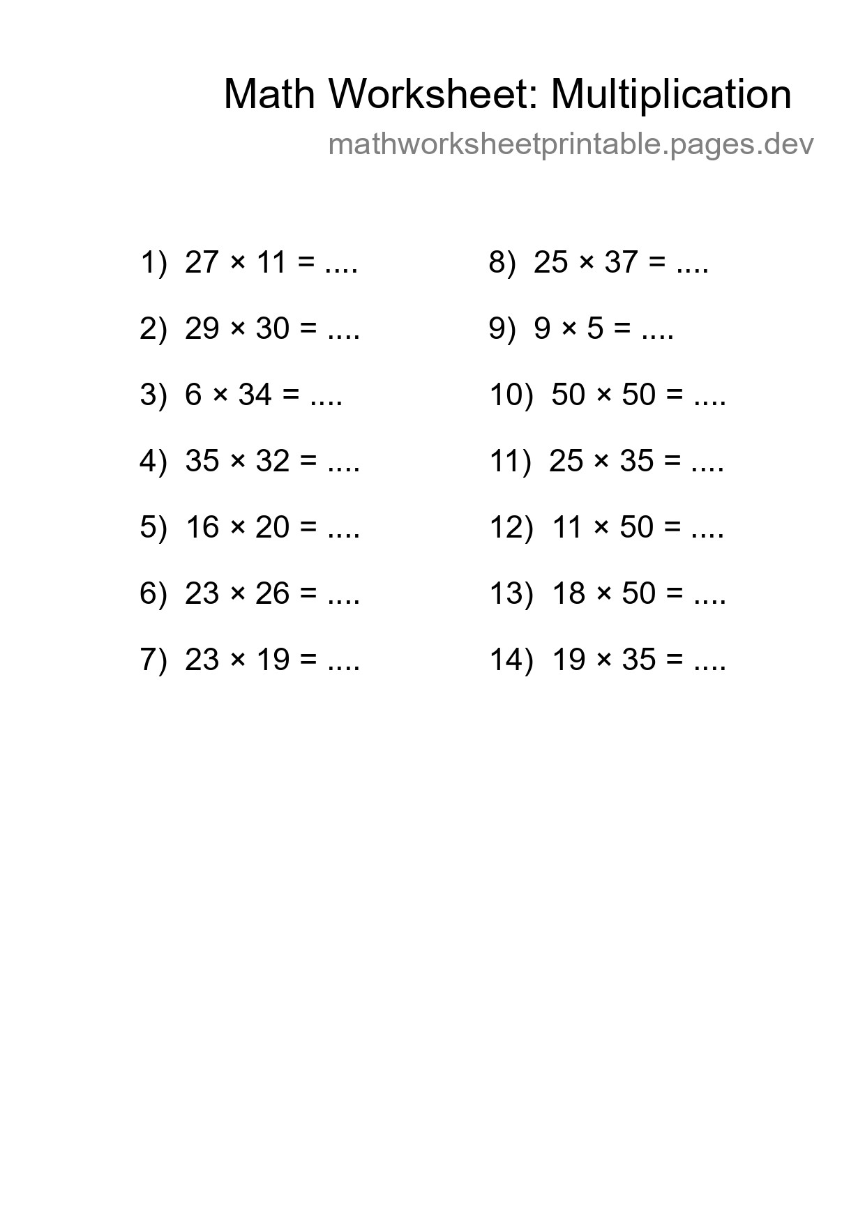 Grade 2 Multiplication Practice Worksheet (14 Problems) - Part 257
