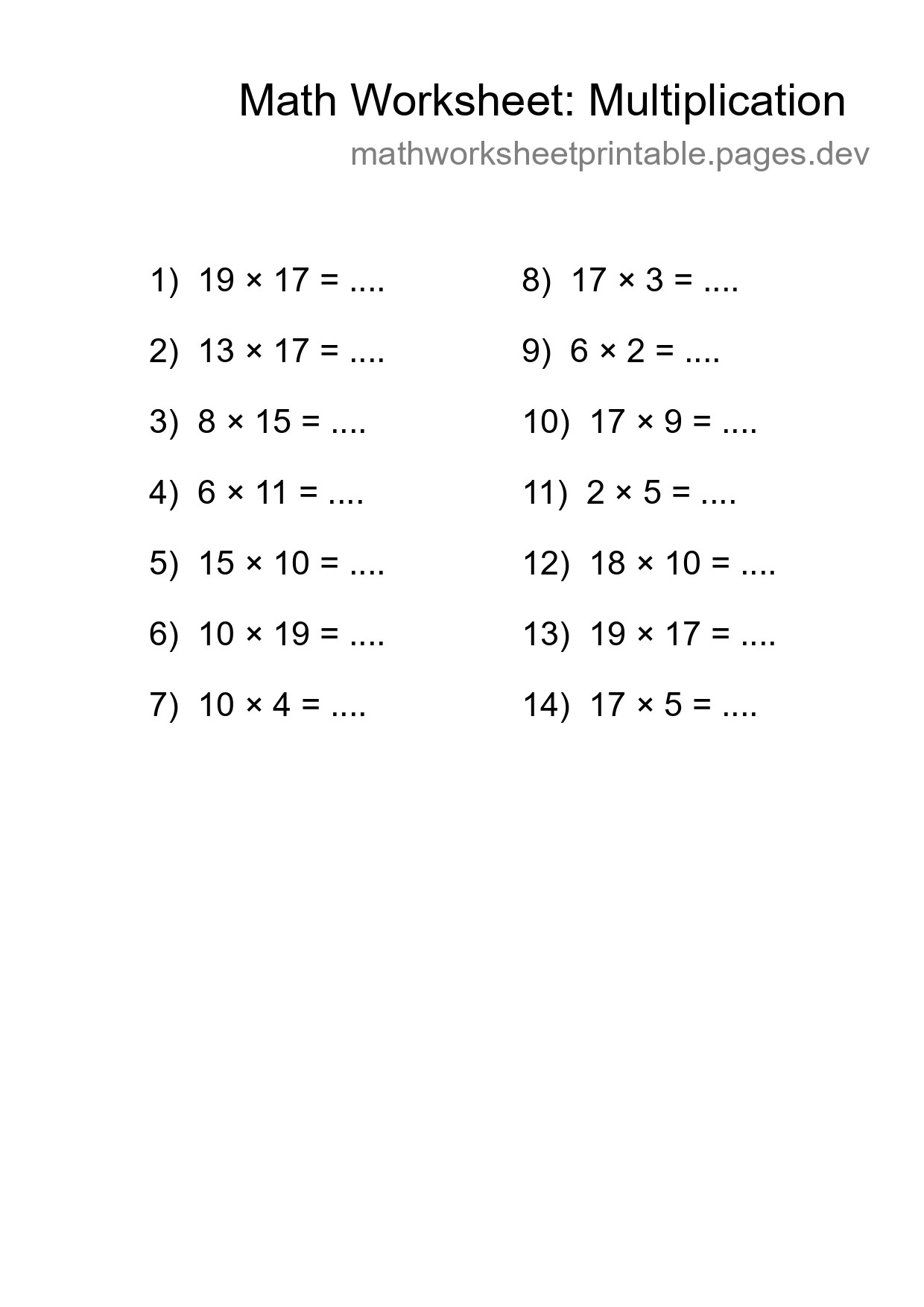 Grade 2 Multiplication Practice Worksheet (14 Problems) - Part 77