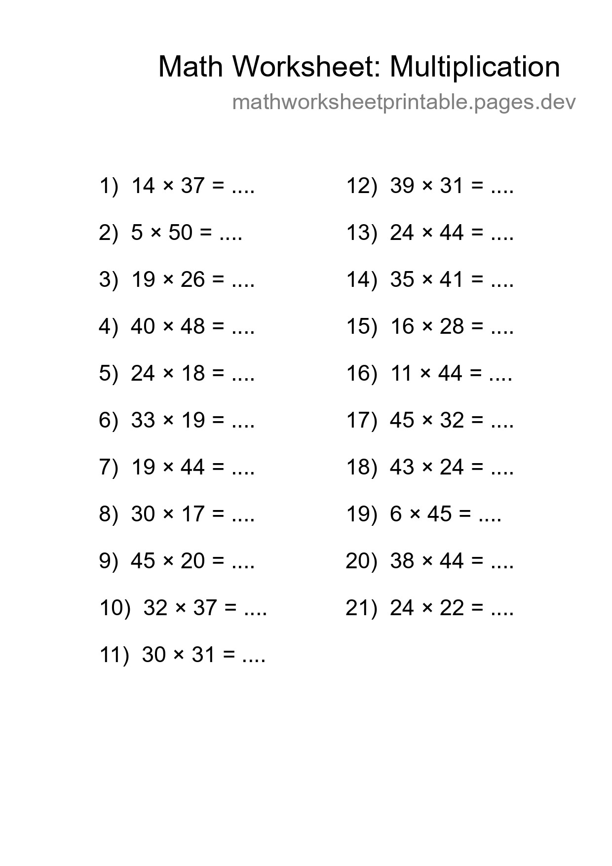 Grade 2 Multiplication Practice Worksheet (21 Problems) - Part 87
