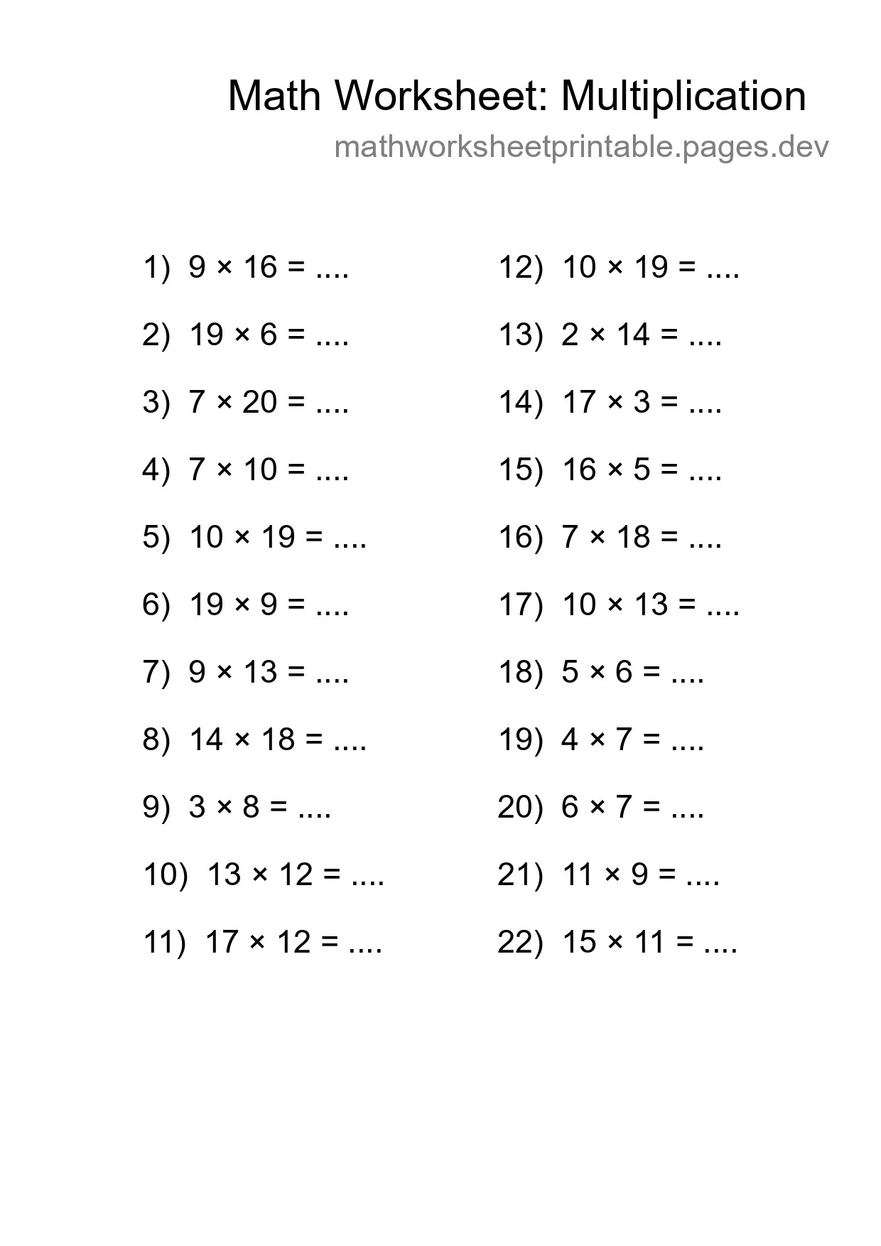 Grade 2 Multiplication Practice Worksheet (22 Problems) - Part 117