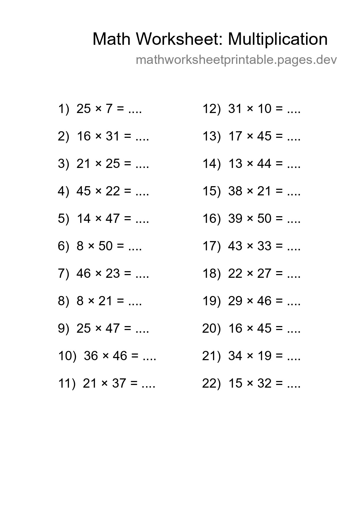 Grade 2 Multiplication Practice Worksheet (22 Problems) - Part 297