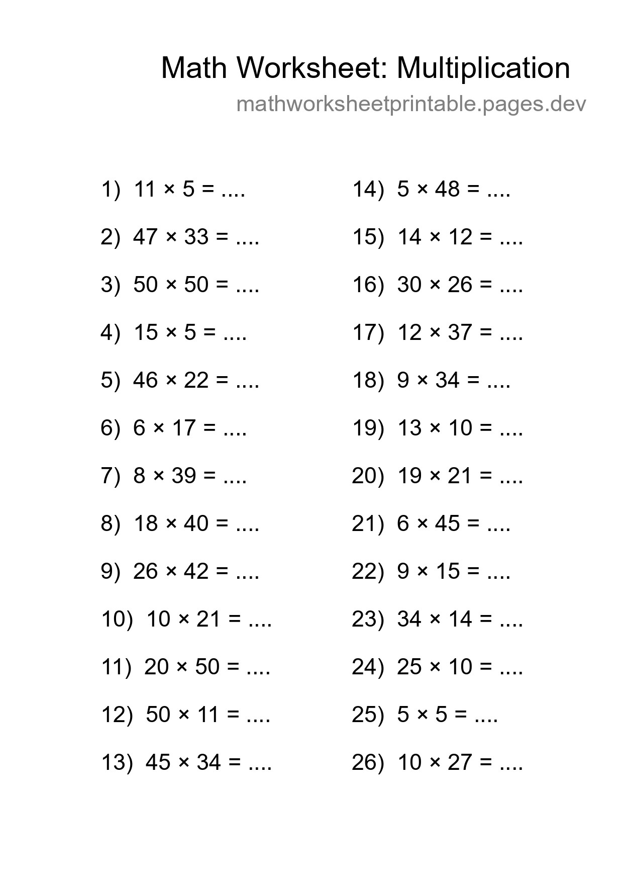 Grade 2 Multiplication Practice Worksheet (26 Problems) - Part 277