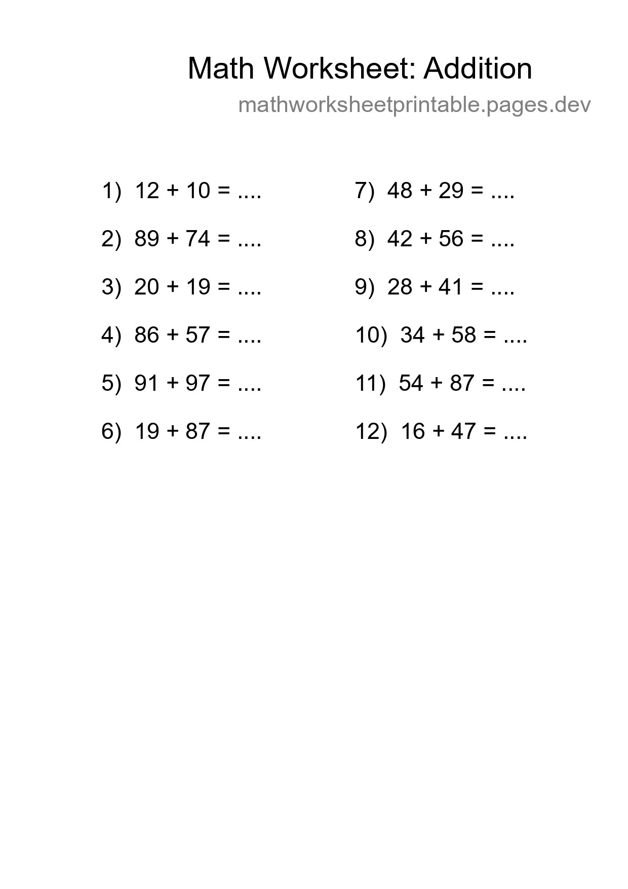 Grade 3 Addition Practice Worksheet (12 Problems) - Part 231