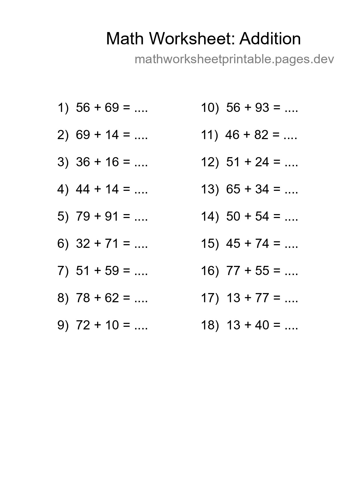Grade 3 Addition Practice Worksheet (18 Problems) - Part 31