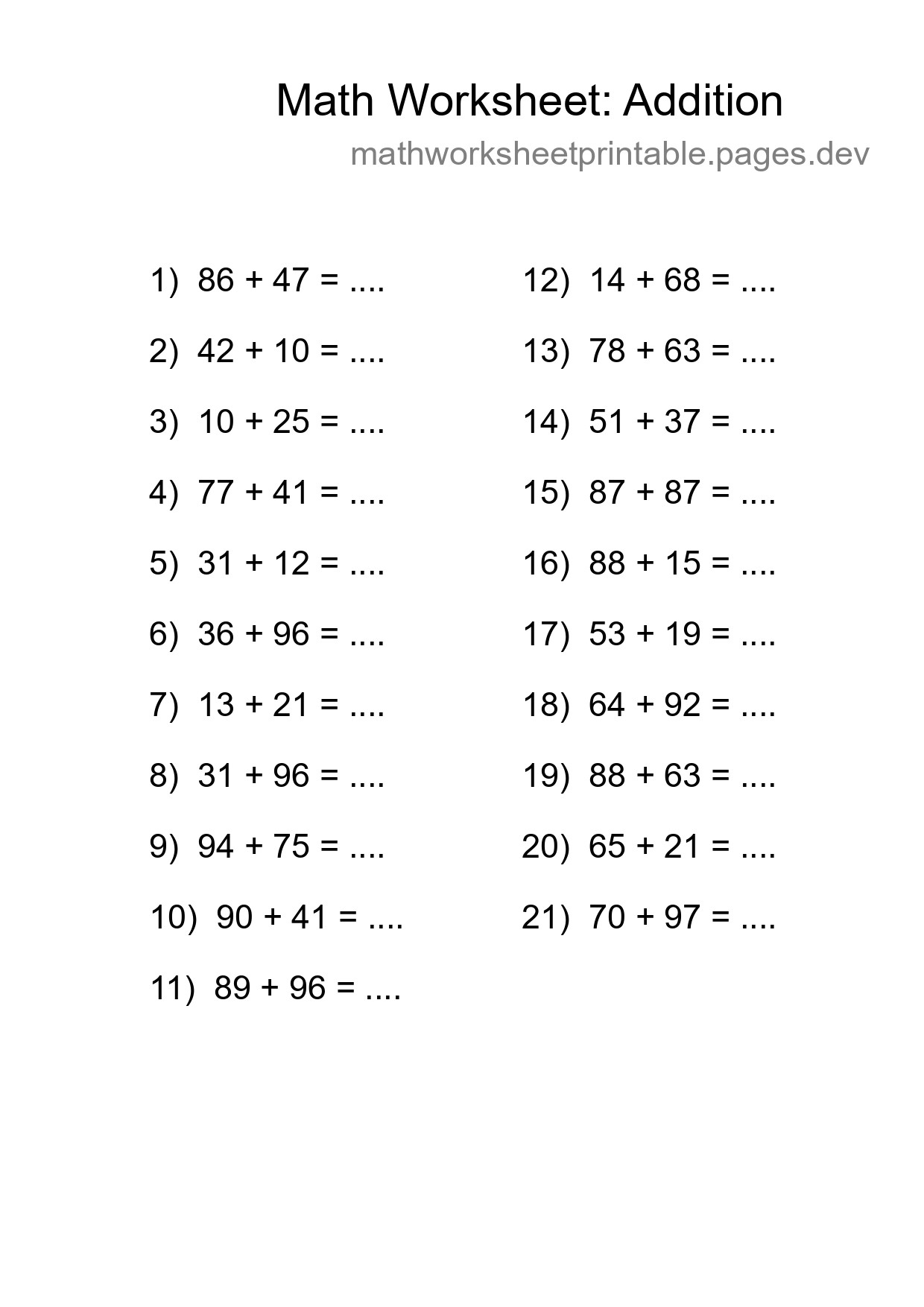 Grade 3 Addition Practice Worksheet (21 Problems) - Part 271