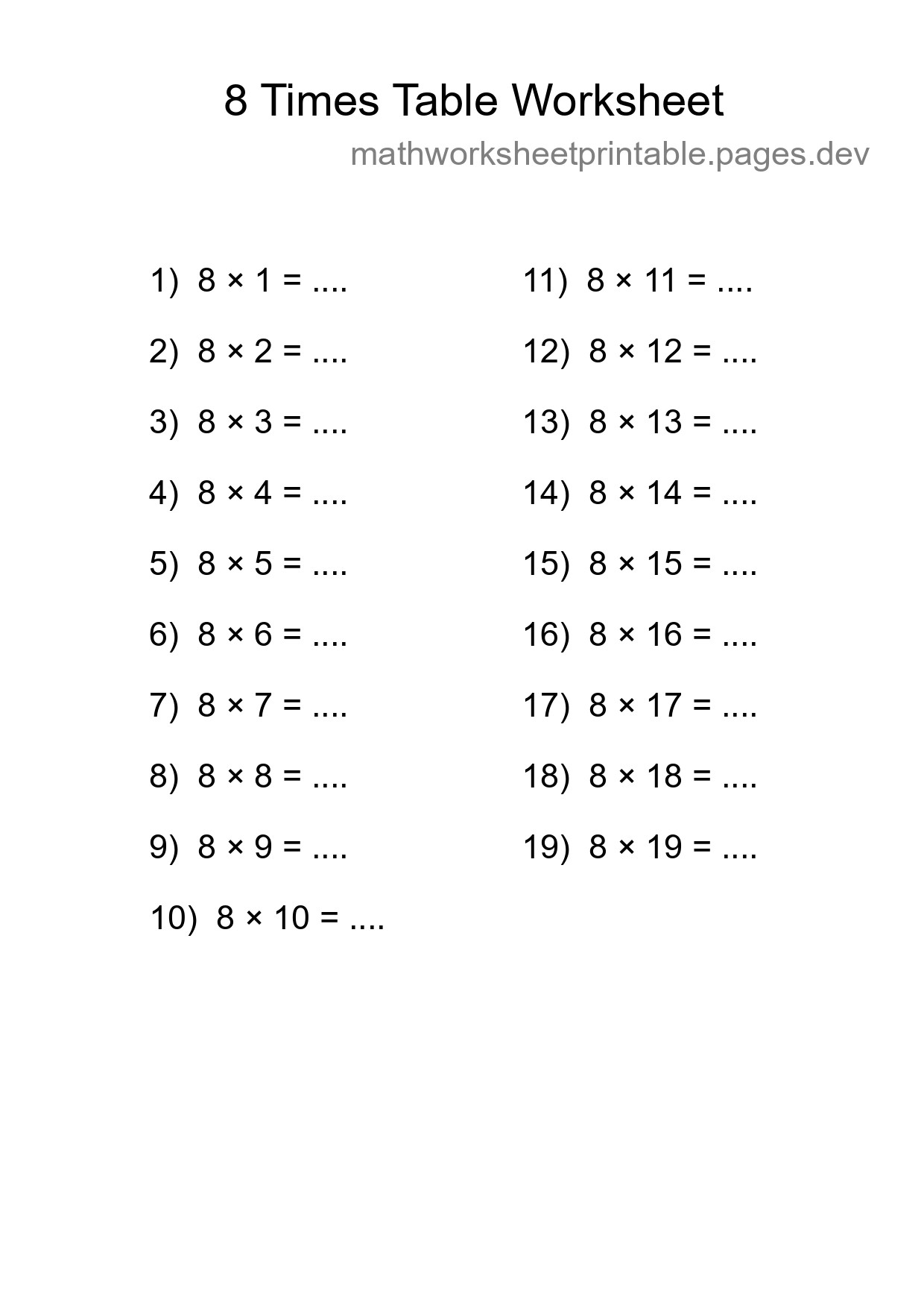 Grade 3 Multiplication Table 8 Practice - Part 9