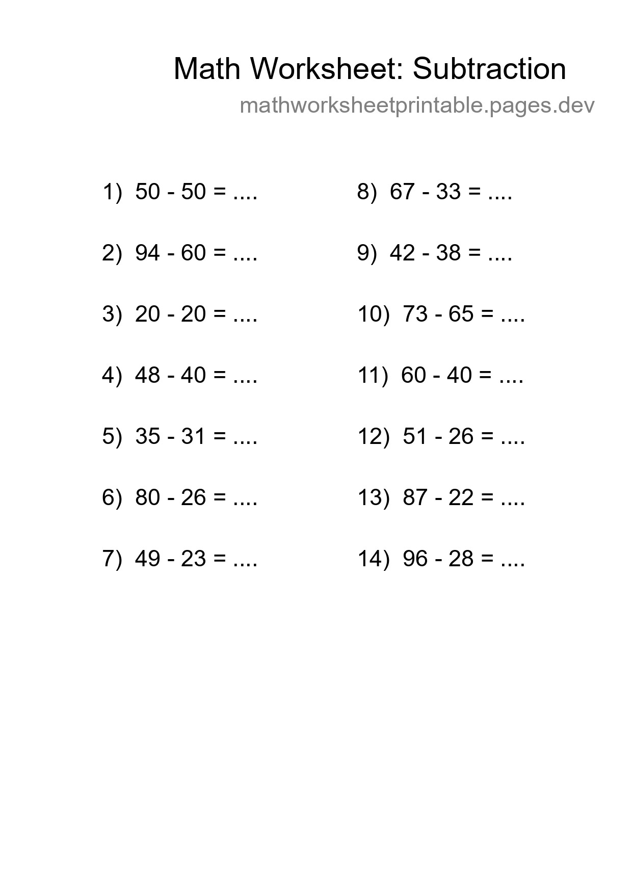 Grade 3 Subtraction Practice Worksheet (14 Problems) - Part 8