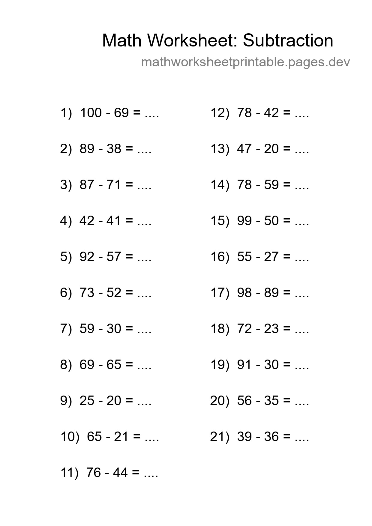 Grade 3 Subtraction Practice Worksheet (21 Problems) - Part 18