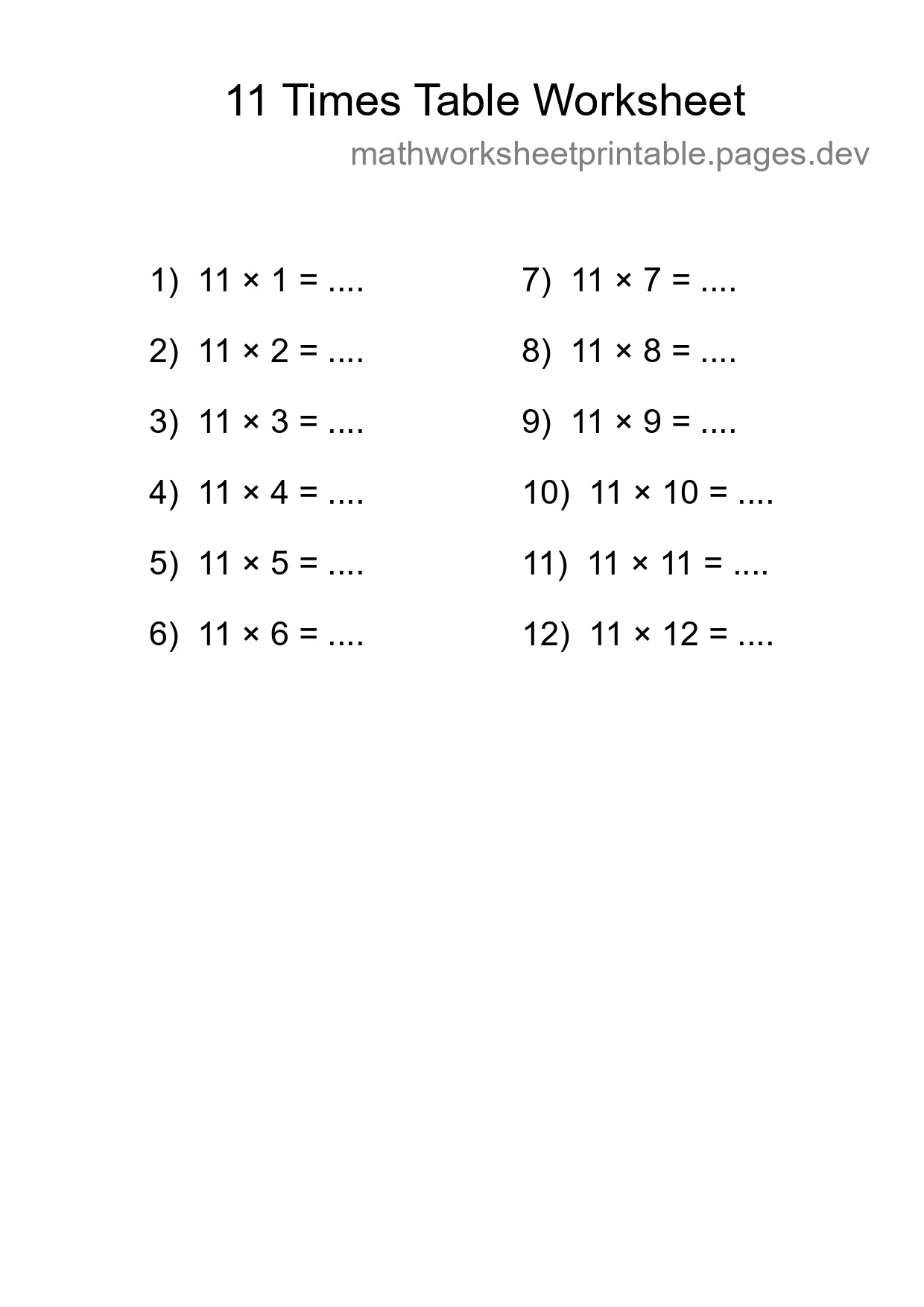 Grade 4 Multiplication Table 11 Practice - Part 19