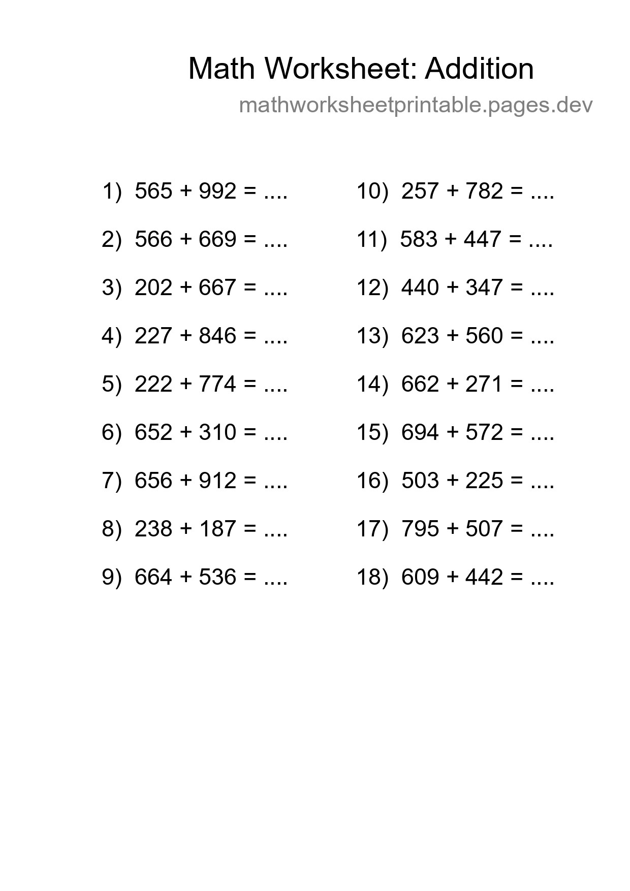 Grade 5 Addition Practice Worksheet (18 Problems) - Part 101