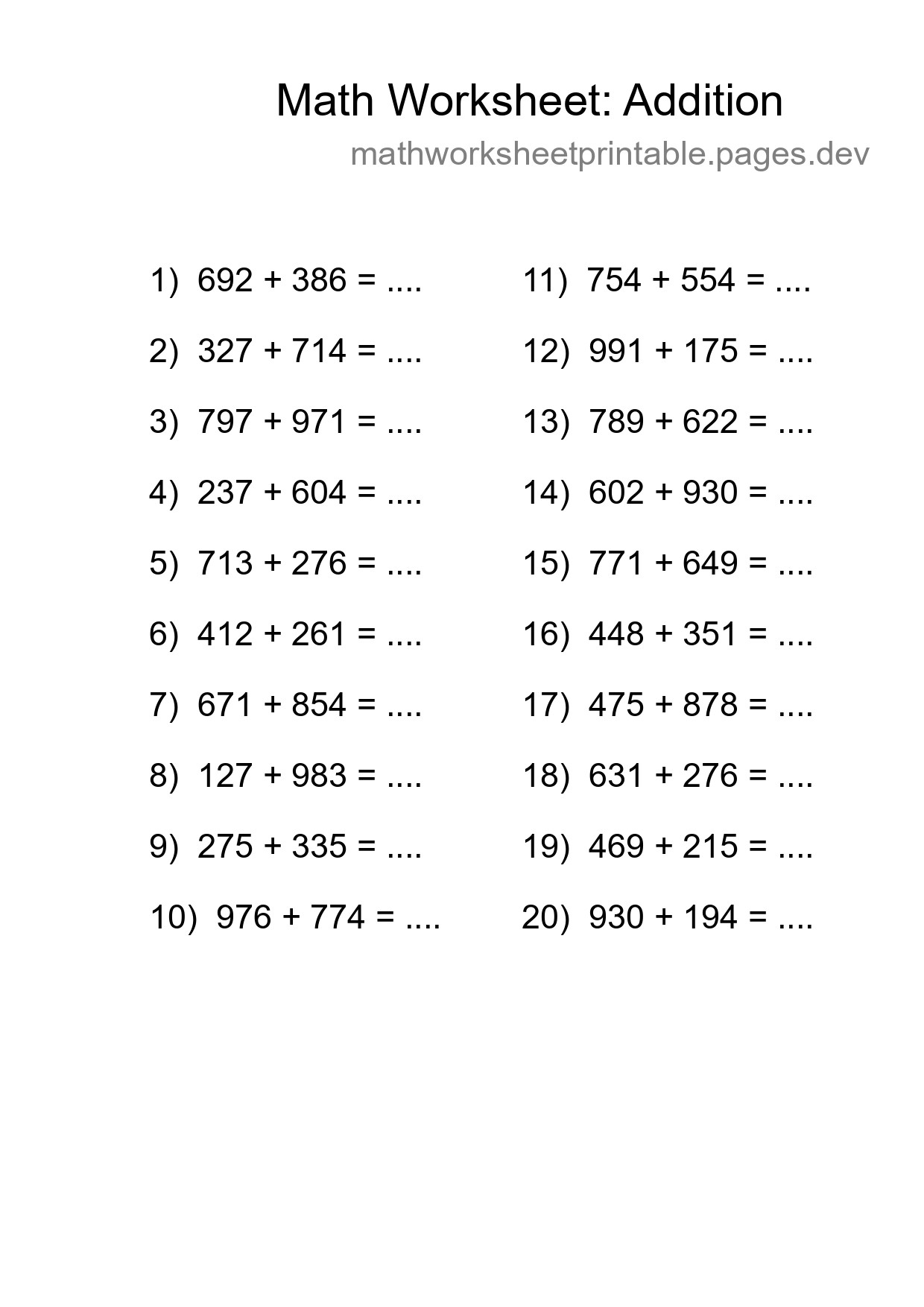 Grade 5 Addition Practice Worksheet (20 Problems) - Part 151