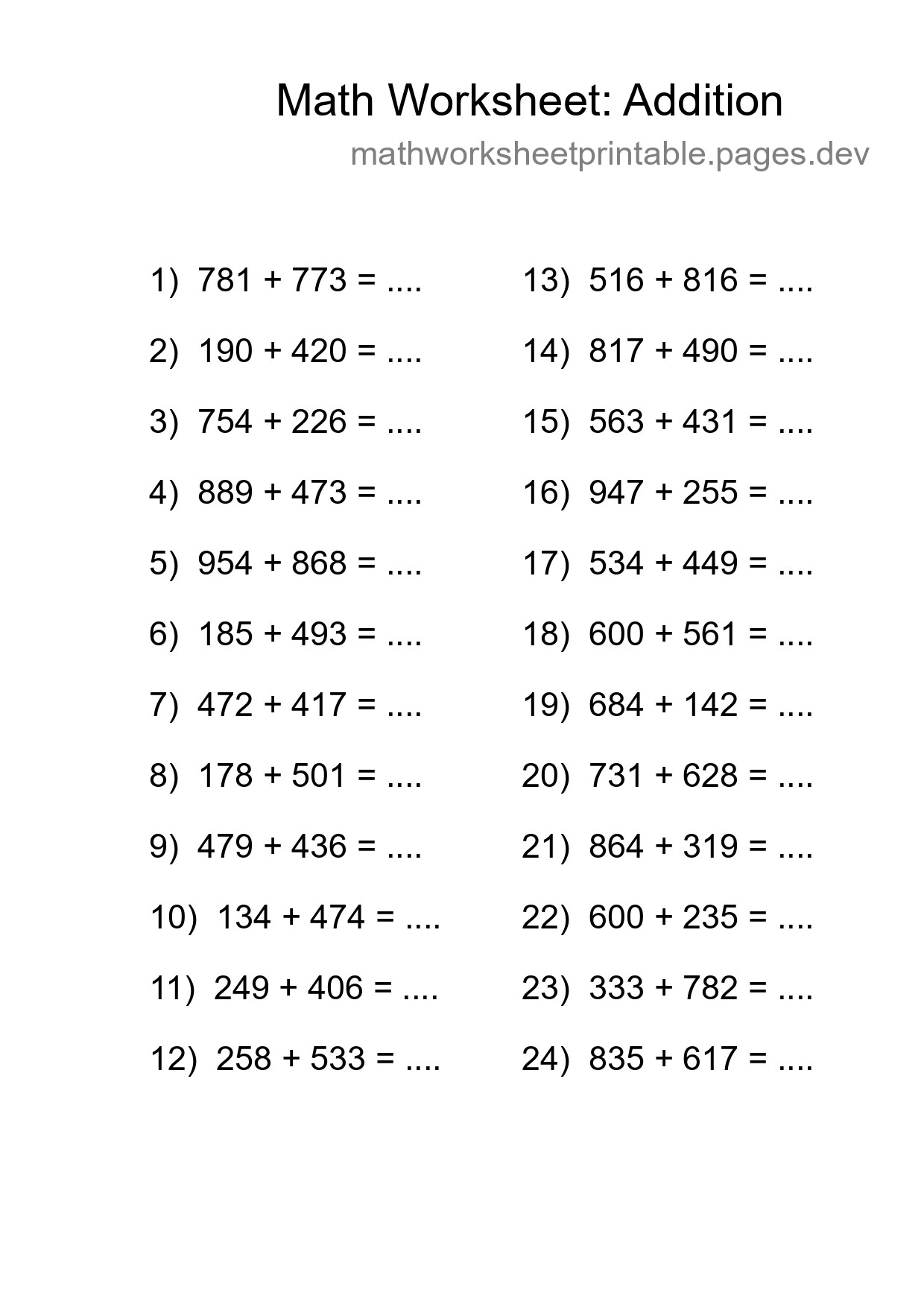 Grade 5 Addition Practice Worksheet (24 Problems) - Part 81